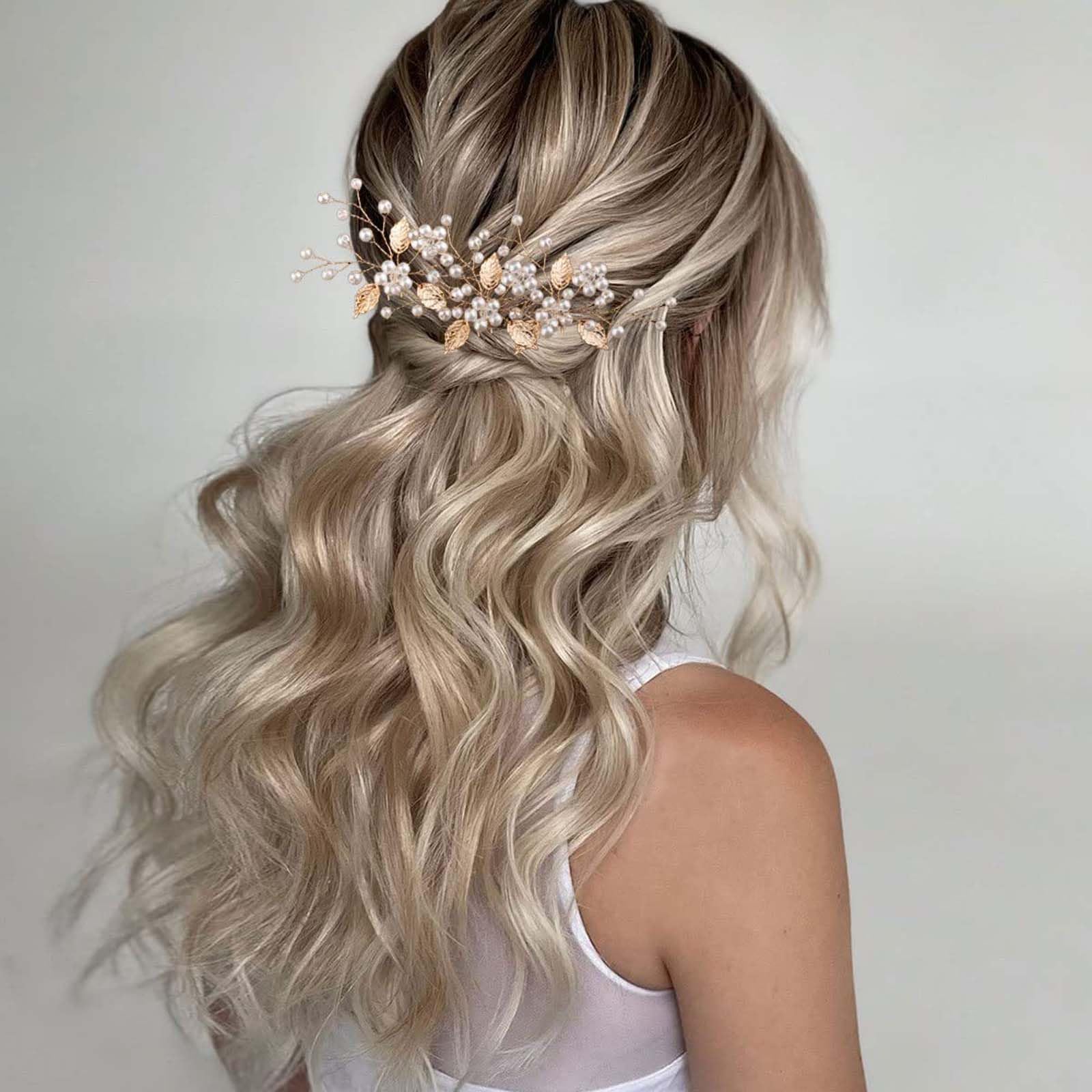 Bridal Wedding Hair Pins,8 Pcs Bridesmaid Hair Clips,Wedding Hair Vine,Gold Leaf Crystal Pearl Hair Pins,Crystal Pearl Hair Clips Headpiece,For Brides Bridesmaids Girls Updo Hair Accessories - Image 2