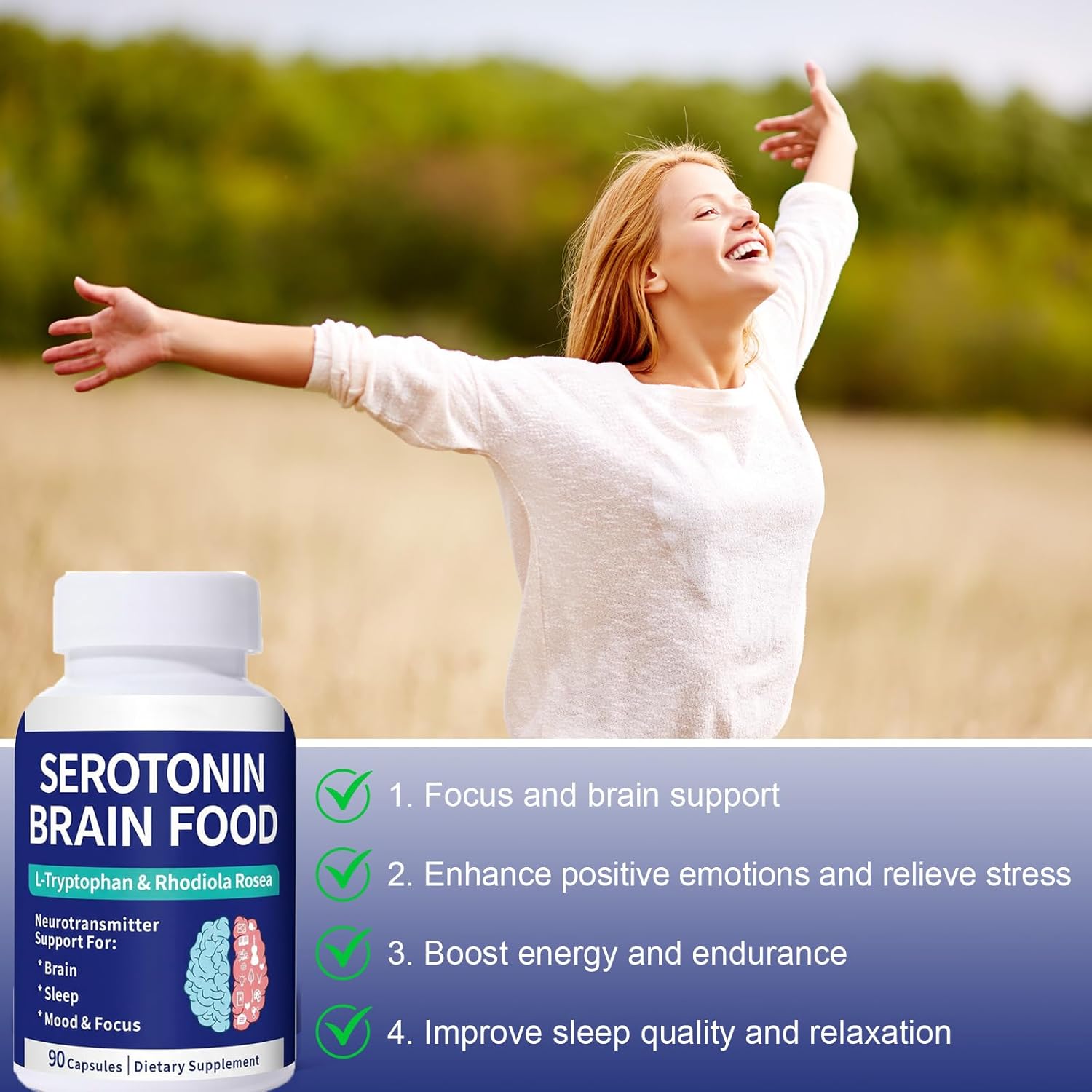 Serotonin Supplement - Serotonin Booster with 1250mg L-Tryptophan & 400mg Rhodiola Rosea - Boost Focus, Sleep & Brain - 90 Capsules for Adults