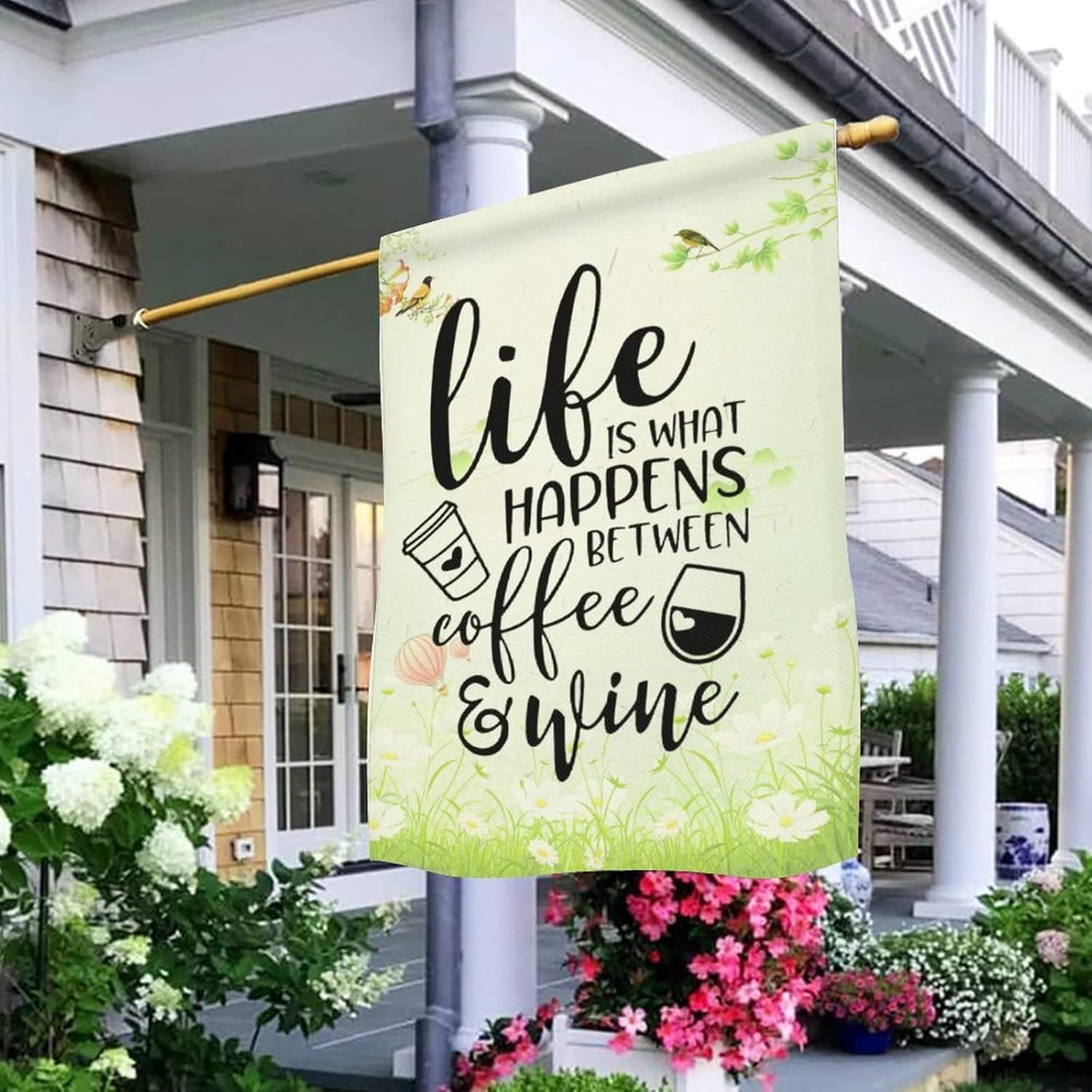 Rustic Farmhouse Garden Flag 28×40 Inch Double Sided Life Is What Happens Between Coffee And Wine Welcome Flag for Outside Yard Decorations Seasonal Banners