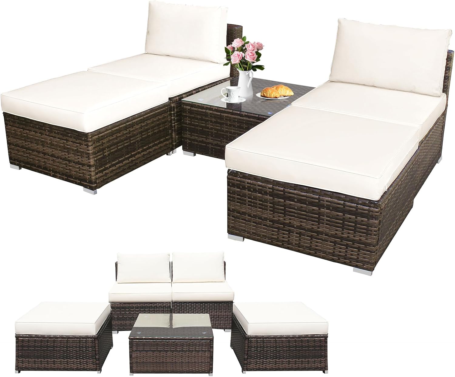 DORTALA Wicker Patio Furniture Set 5 Piece, Outdoor Conversation Sets with Chairs, Ottomans, Tempered Glass Table, Cushions, All Weather Rattan Sofa Couch for Balcony, Porch, Backyard, Deck, Red