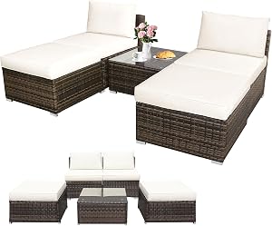 DORTALA 5 Piece Wicker Patio Furniture, Outdoor Sectional Sofa Set with Tempered Glass Table, 2 Chairs & Ottomans, Rattan Conversation Set for Backyard, Poolside, Garden, Deck, White