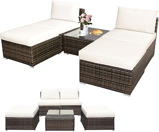 DORTALA 5 Piece Wicker Patio Furniture, Outdoor Sectional Sofa Set with Tempered Glass Table, 2 Chairs & Ottomans, Rattan Conversation Set for Backyard, Poolside, Garden, Deck, White