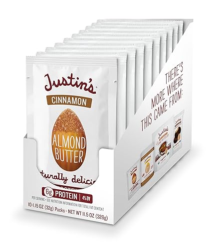 Justin's Paquetes de mantequilla de almendras y canela, sin gluten, sin OMG, de origen responsable, 11.15 onzas (paquete de 10)