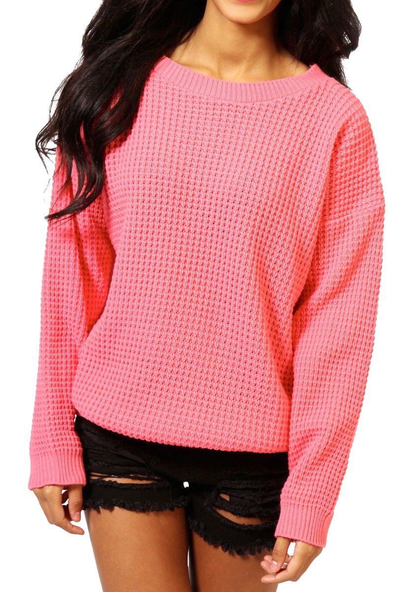 Crazy Girls Womens Ladies Baggy Long Sleeve Knitted Plain Chunky Top Sweater Jumper S-XL (S-M, Coral)