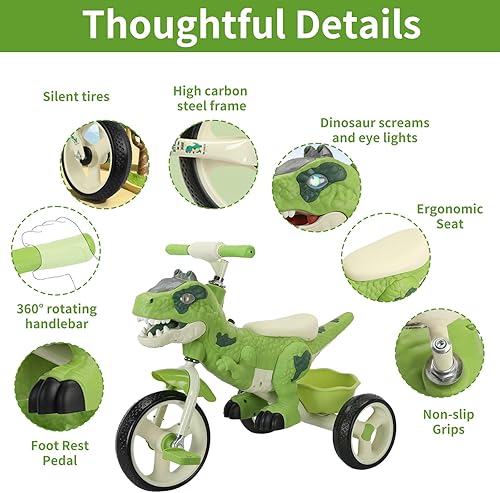 Miniatura 4 de Triciclo de dinosaurio para niños, niños pequeños de 2 a 6 años, triciclo con música, luces LED, cesta de almacenamiento y ruedas de goma, regalo de