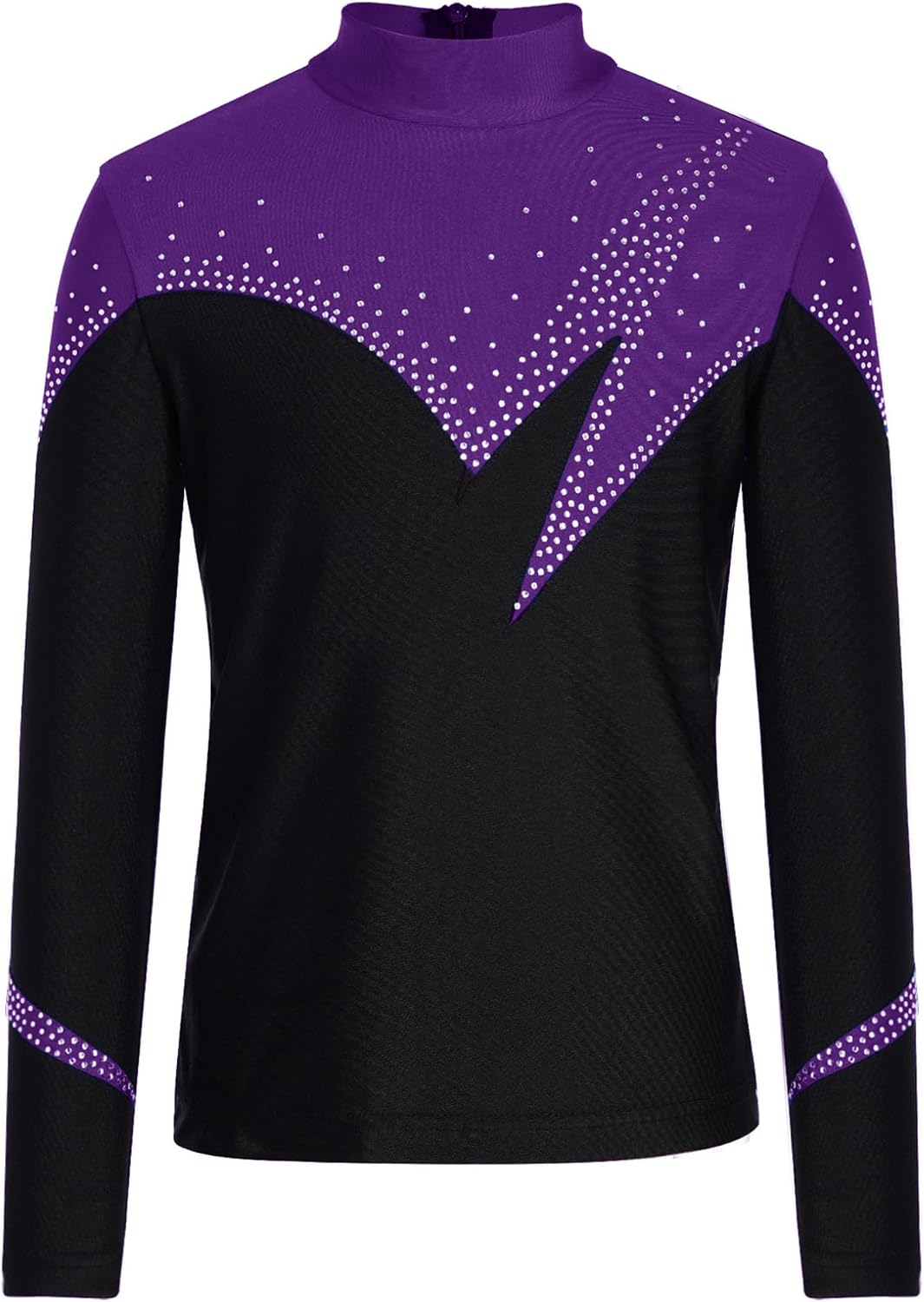Freebily Kids Boys Rhinestone Figure Skating Top Long Sleeve Shiny Color Block Dance Competition Shirt