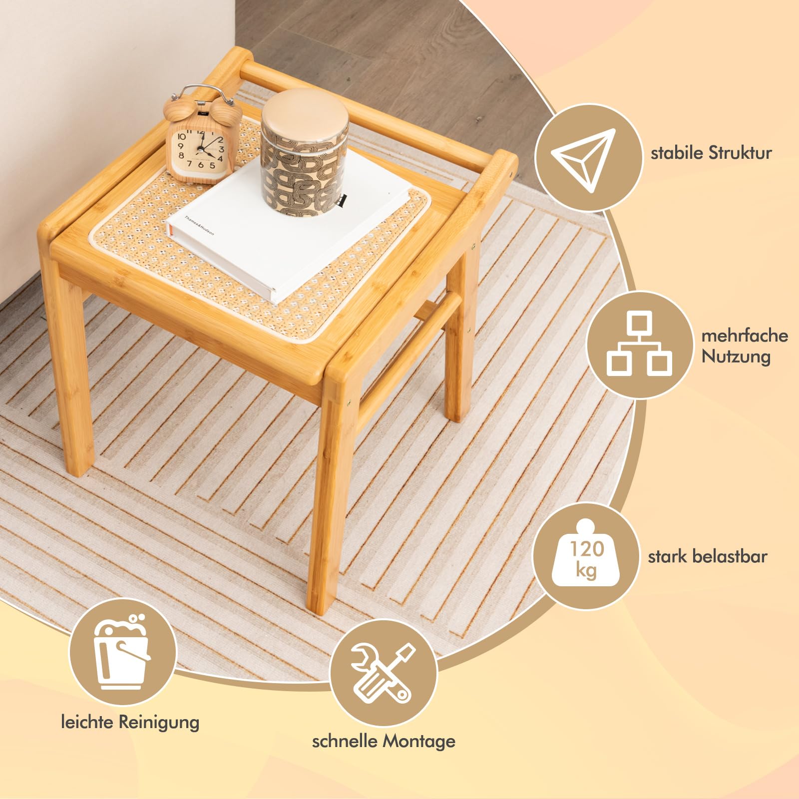 RELAX4LIFE Sitzhocker, Hocker aus Bambus, Schminkhocker mit Rattan-Oberfläche & rutschfeste Füßen, Sitzbank für Eingangsbereich Wohnzimmer Schlafzimmer, 40 x 38 x 43 cm, Natur