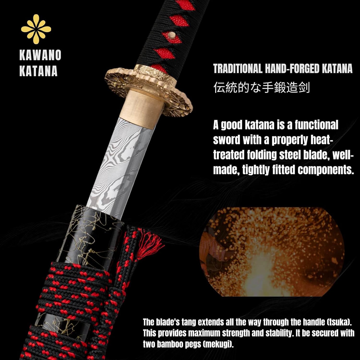KAWANO Katana Sword, Japanese Handmade Damascus Steel Folded Samurai Sword, Functional Full Tang Blade Katana, Real Rayskin Handle with Gift Bag
