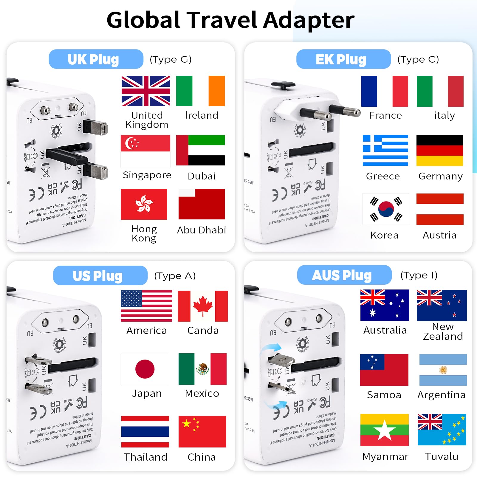 Adattatore Universale da Viaggio con 3 USB-C PD 35W, 2 USB-A e 1 AC per USA UK Giappone Australia 224+ Paesi