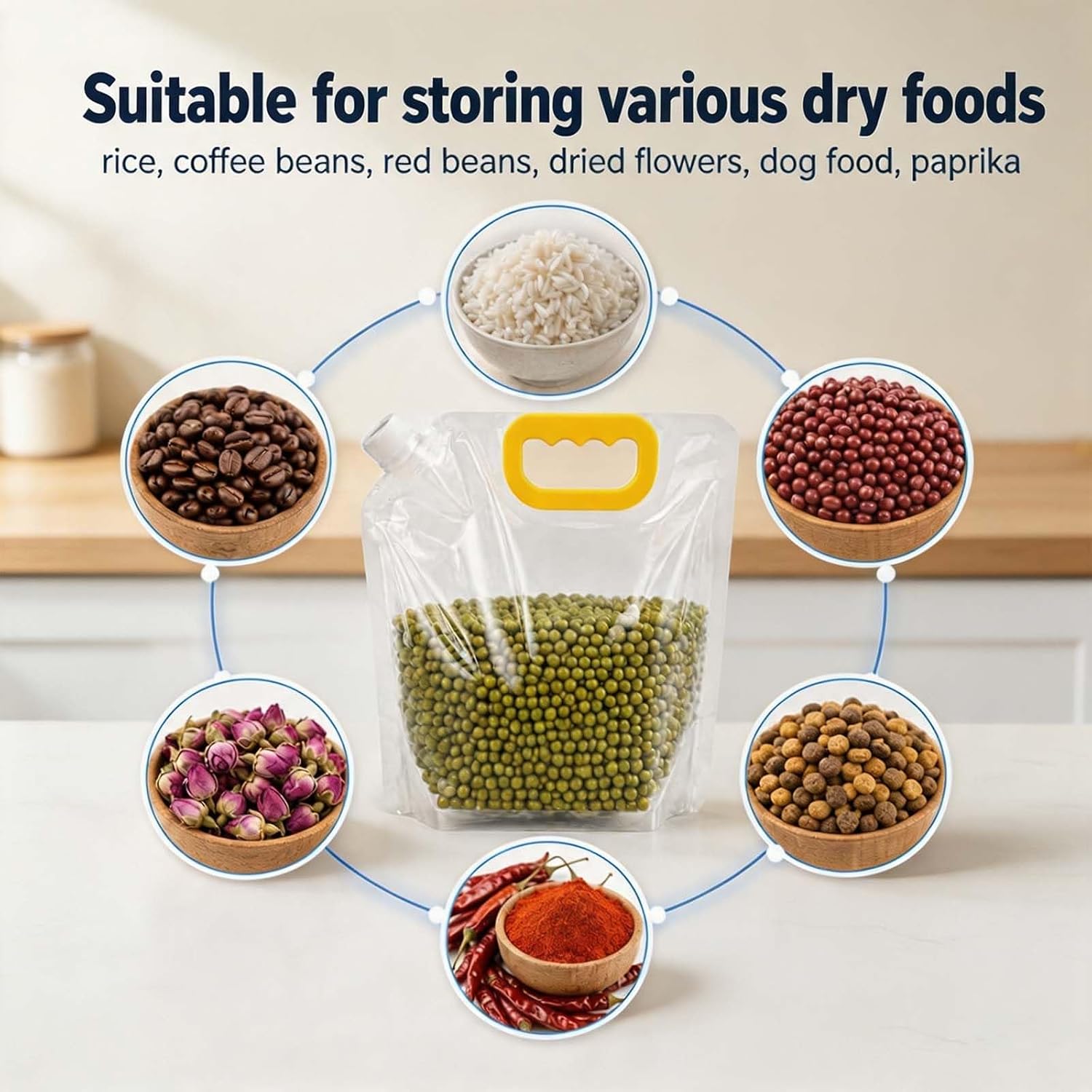 5PS Large-Caliber Airtight Grain Storage Bags with Handle, Reusable Stand-Up Food Storage Bags, Leak-Proof Storage for Rice & Dry Goods