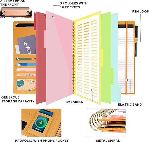 Vista 15 de Portapapeles con almacenamiento para hombres y mujeres, portafolio de cuero, 5 carpetas con 10 bolsillos, portapapeles en espiral con bloc de notas