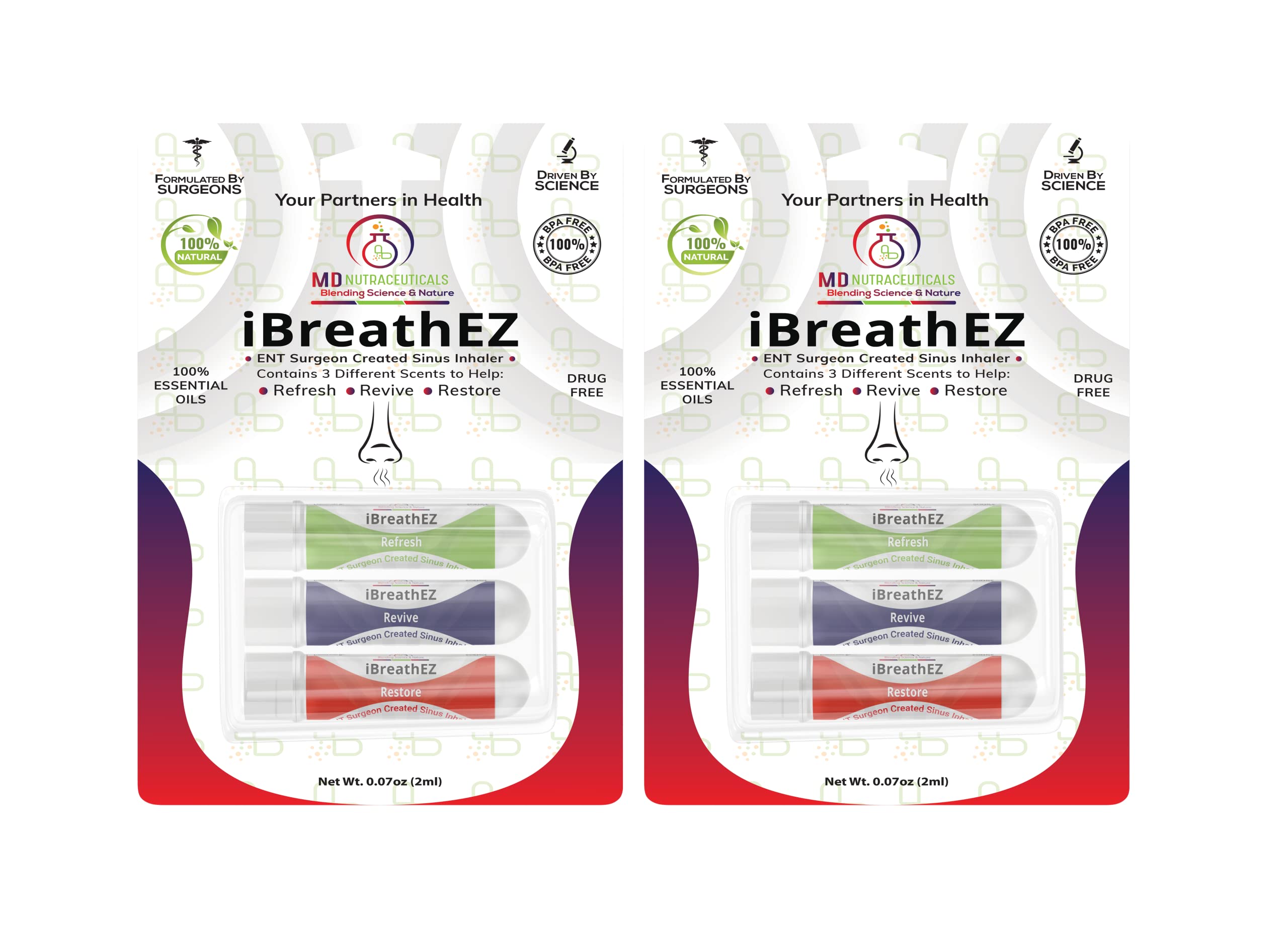 iBreathEZ Nasal Sinus Inhaler Kit Formulated by ENT Surgeons with Essential Oils for Energy, Stress, Decongesting & Cold or Allergy Relief (6 Pack)