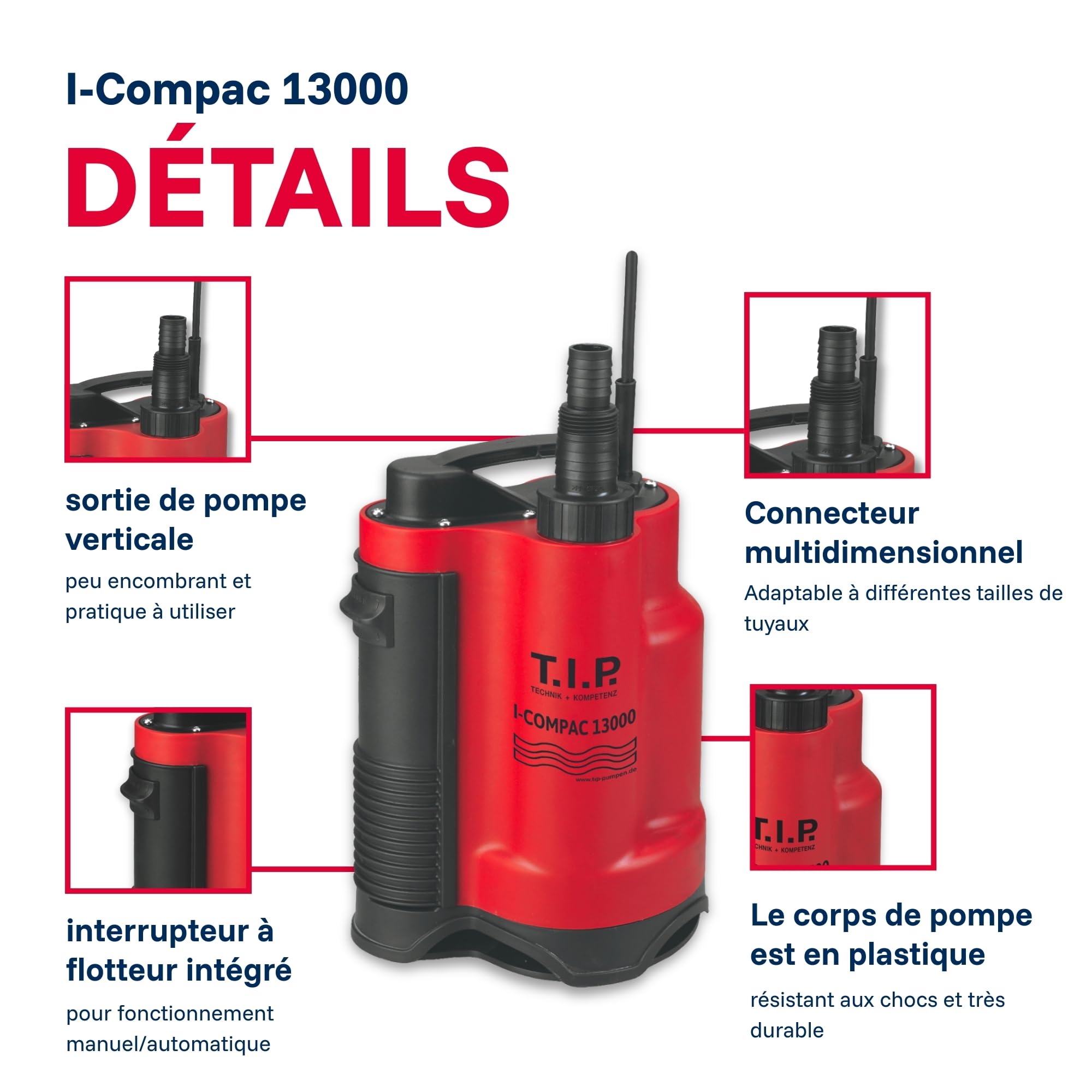 T.I.P. Pompe submersible I-Compac 13000 Puissante et Intelligente pour Jardin et Bassin 750 W Débit 13000L/h