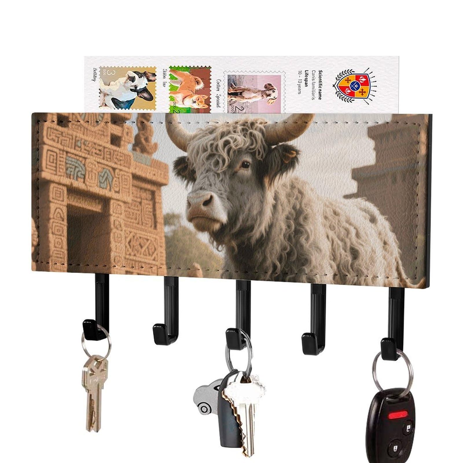 DWVTSLH Cow Sunflower Aztec Key Holder for Wall, Decorative Key Hooks with Mail Organizer & 5 Hooks, Self Adhesive Leather Key Hanger for Entryway, Wall Mounted Key Rack (7.1” X 4.3” X 0.9”)