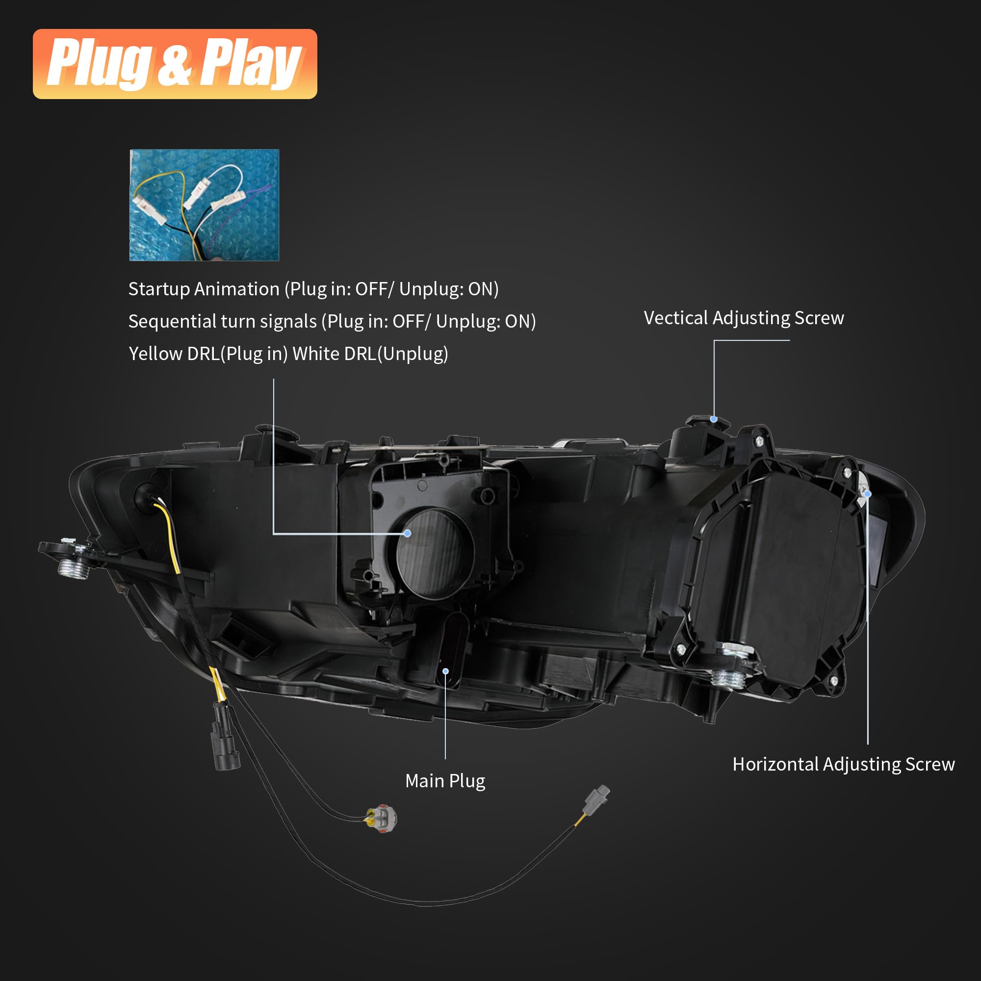 VLAND Fari per Scirocco 3 TSI TDI R 2009-2014 (alogeno/xeno/R), LED DRL, con display dinamico di avvio e indicatori di direzione sequenziali, 1 coppia