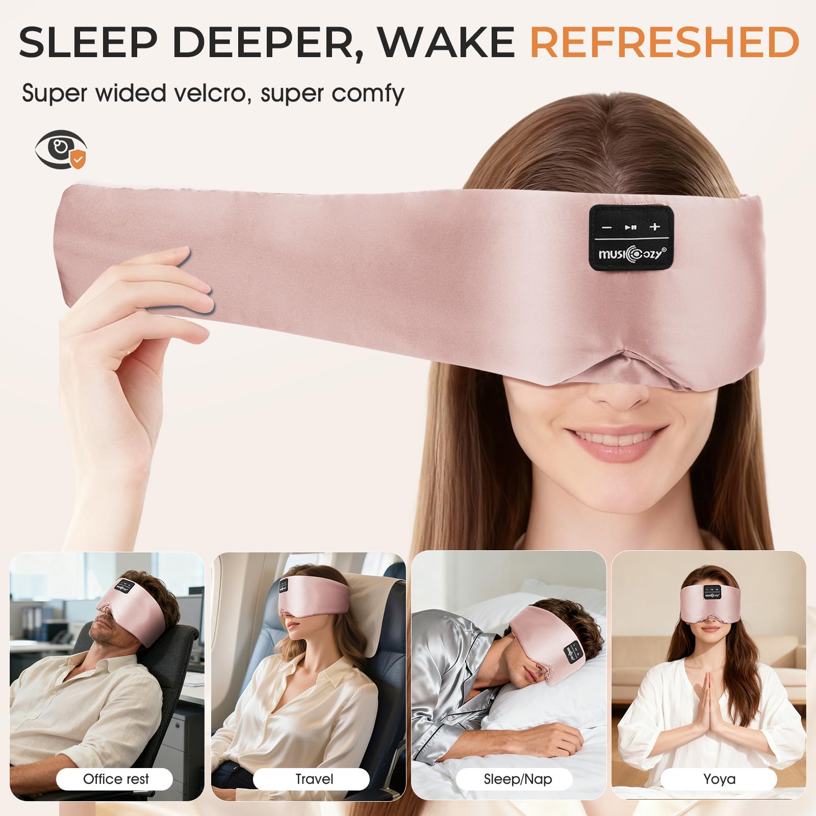 Musicozy Antifaz para dormir con auriculares Bluetooth, 100% opaco, para hombres y mujeres, color rosa