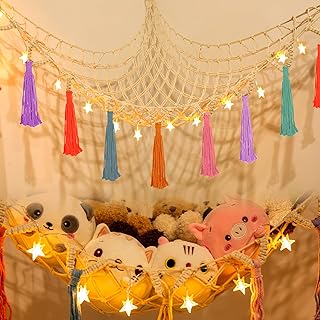 HONGTEYA Stuffed Animal Net or Hammock with LED Light Large Plush Toy Net Hammock Holder for Corner Stuffed Animal Storage Ideas Hanging Plushie Toy Organizers Net with Boho Macrame Tassels 57inch