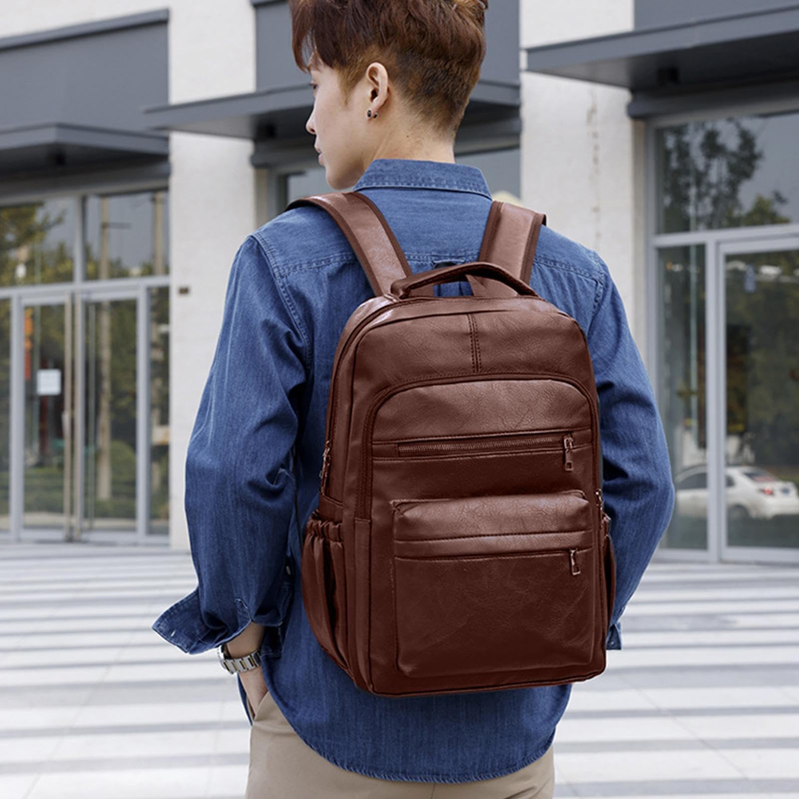 Zaino per computer portatile da uomo, in pelle PU, con porta di ricarica USB, tasche casual, borsa per libri, zaino per lavoro, escursioni, viaggi, campeggio, per laptop da 15,6 pollici