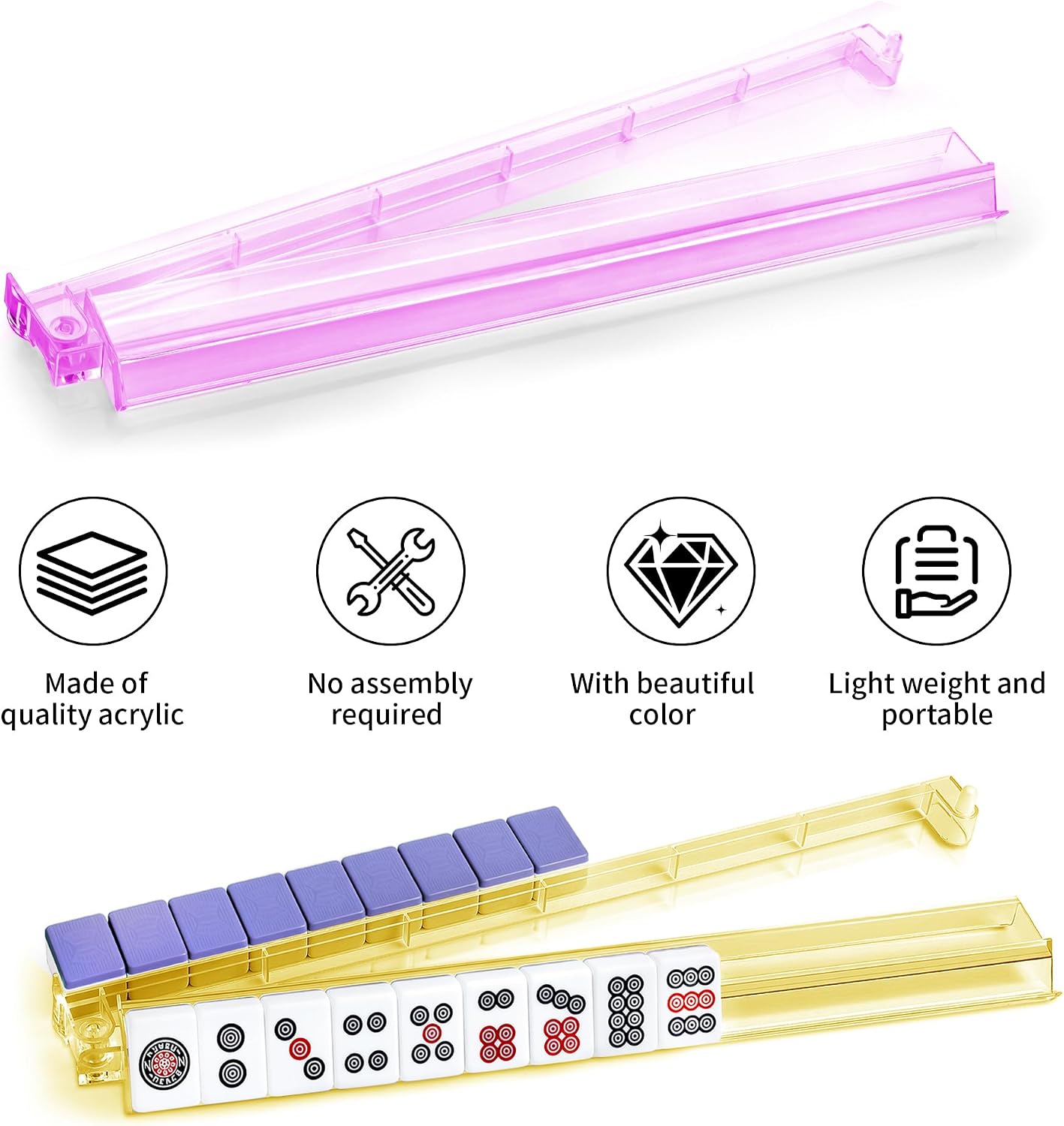 Mahjong Rack with Pushers, 4-Piece Premium Acrylic Mahjong Racks with Built-in Pushers & Rotating Bases - 4-Color Set for Easy Play