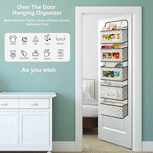 Miniatura 6 de Organizador de almacenamiento de despensa colgante sobre la puerta con 5 bolsillos grandes con ventana de PVC transparente y 2 ganchos de metal