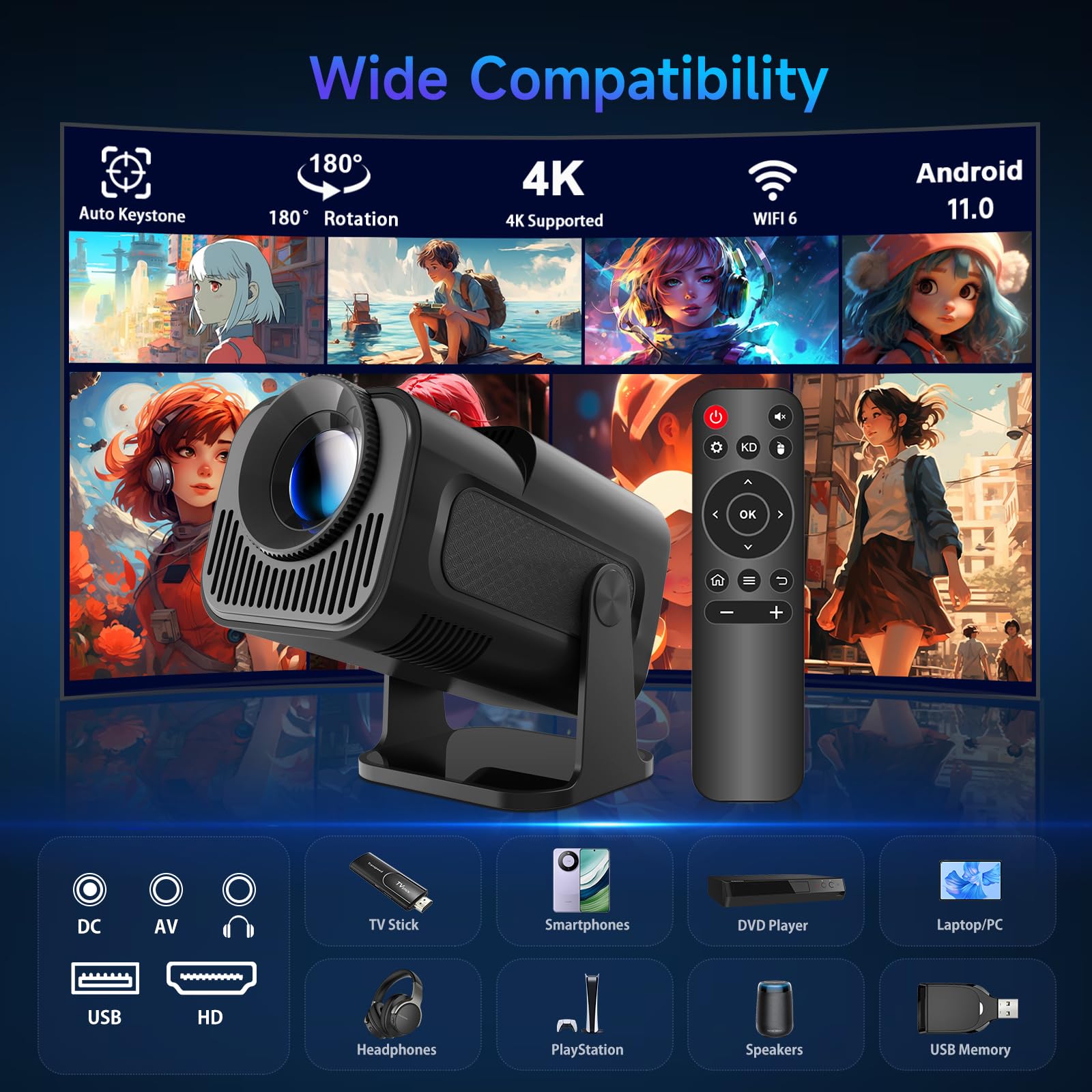 Projektor HY320Pro, obsługa przenośnego projektora 4K 1080P z Wi-Fi i Bluetooth, inteligentny projektor Android TV z automatycznym Keystone, obrotowy o 180°, zewnętrzne projektory wideo do telefonu