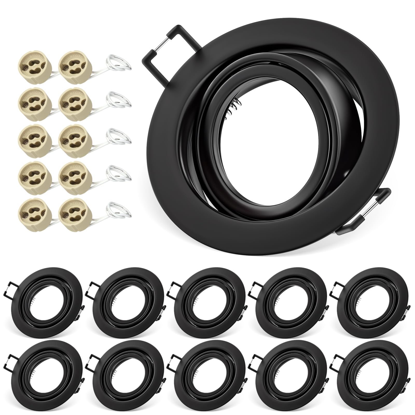 QOJUX Einbaustrahler GU10 Set, 10x Schwenkbar Einbaurahmen 68mm mit GU10 Fassung, LED Spots 230V Rund Flach Deckenspots, Einbauspots Einbauleuchten Rahmen Matt Schwarz für LED oder Halogen Lampe