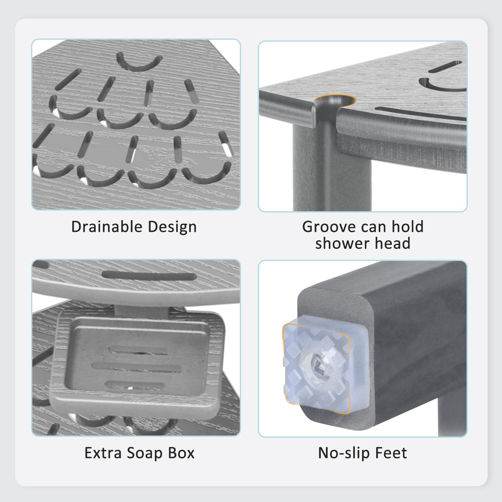 NALONE Eck-Duschhocker, HDPE-Duschbank für die Dusche innen, kleiner Duschstuhl zum Rasieren der Beine mit Ablagefach, Seifenbox und rutschfesten Füßen (Grau)
