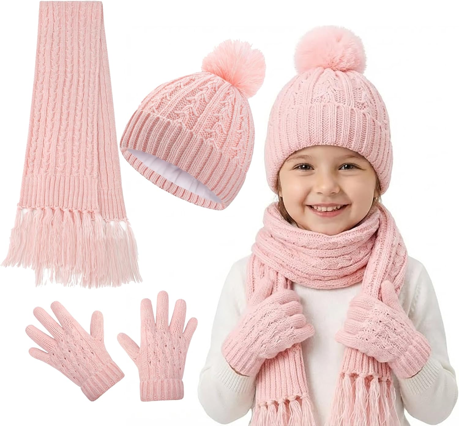 W&LESVAGO Kids Winter Hat Scarf & Gloves Set, Knitted Pom Pom Beanie, Warm 3-Piece Cold Weather Set for Boys Girls 2-14