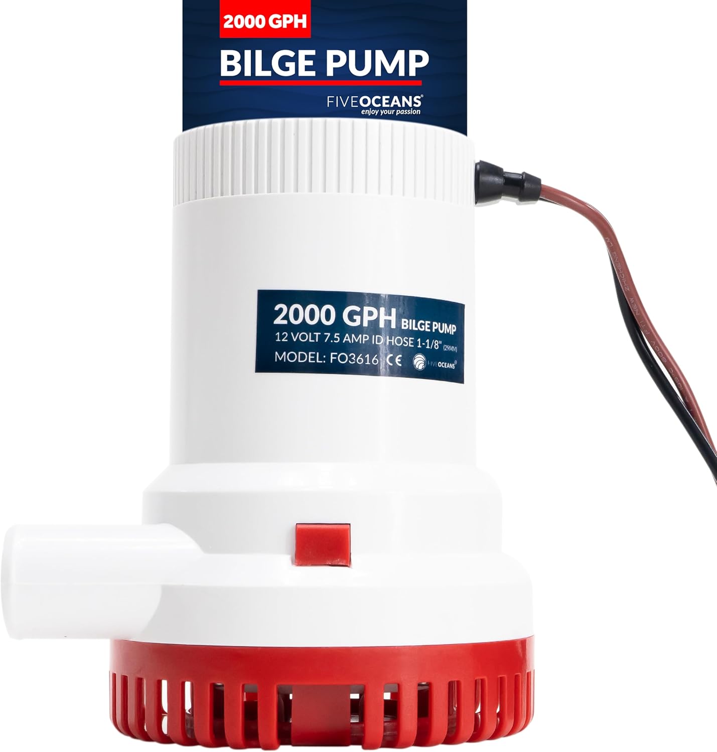 Five Oceans 2000 GPH / 7571 LPH Bilge Pump, 1-1/8" (29mm) Interior Diameter Hose, 41-Inch 14-Gauge Wire - FO3616