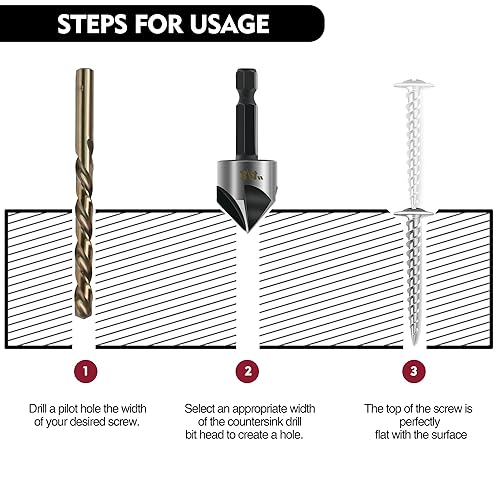 Miniatura 6 de Juego de 5 brocas avellanadoras de acero de alta velocidad, 5 flautas de 82 grados, vástago hexagonal de 14 pulgadas, apto para agujeros de