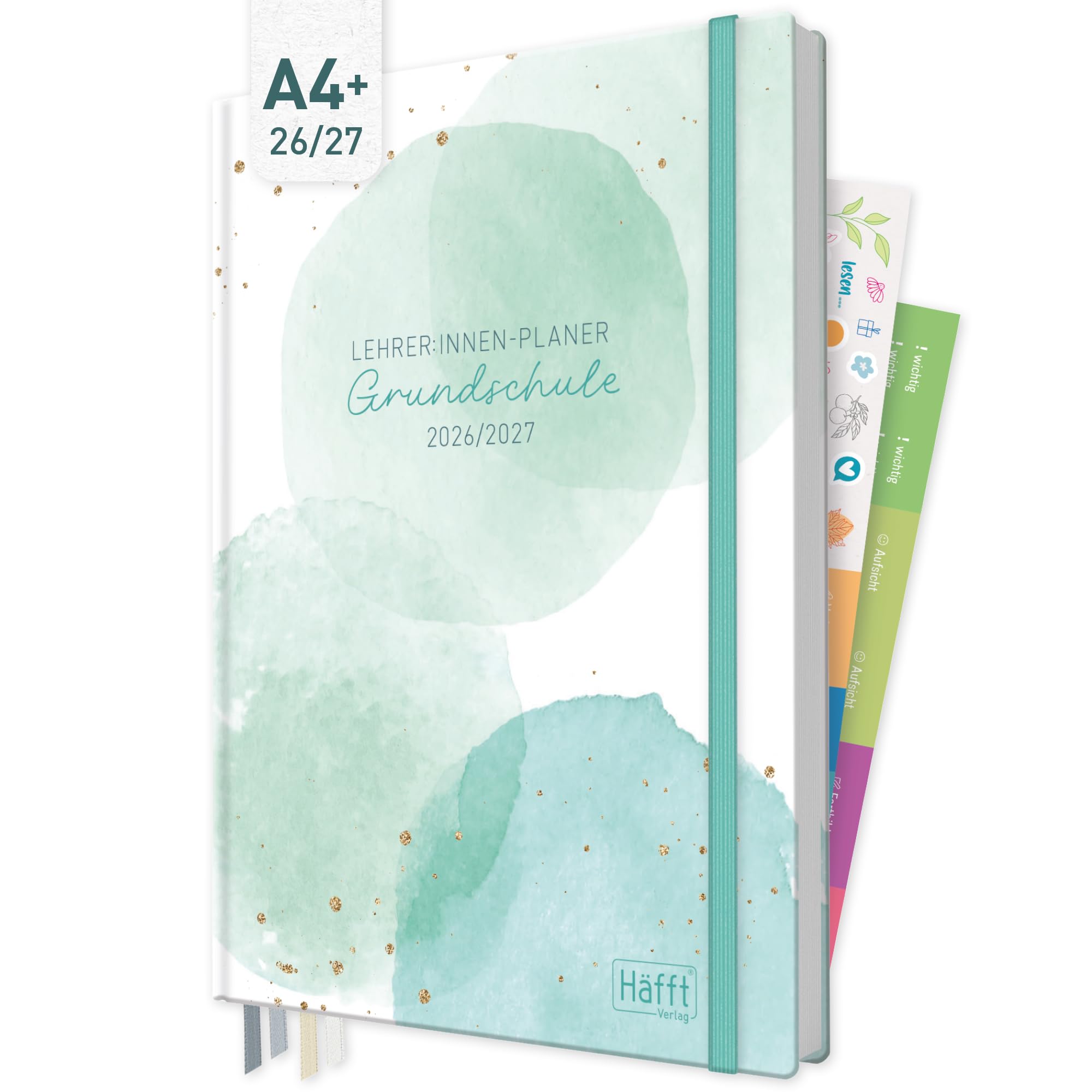 Häfft® Lehrerplaner Grundschule 2026/2027 im A4+ Format Hardcover - Schuljahr 12 Monate (Aug 26 - Jul 27) Lehrerkalender & Unterrichtsplaner für Klasse 1–4 "Watercolor Dots"