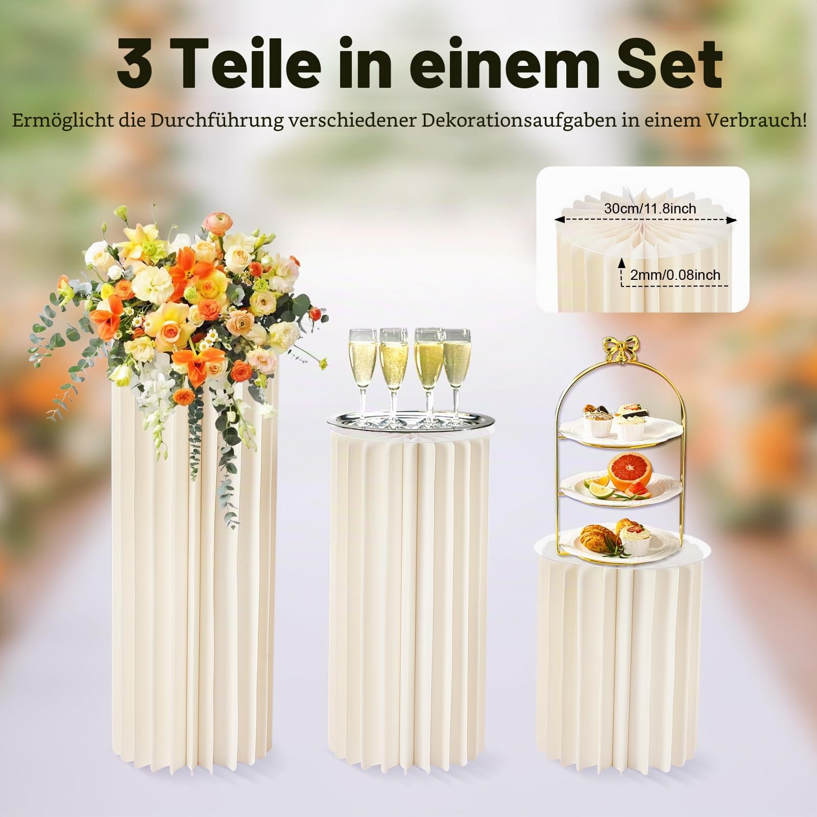 5 Stück Buffet Ständer mit Acrylplatten, Faltbare Tortenständer aus Karton, Stabile Deko-Säulen für Dessert-Tische, Cupcakes & Catering, Ideal für Hochzeit, Party & Geburtstag – Weiß