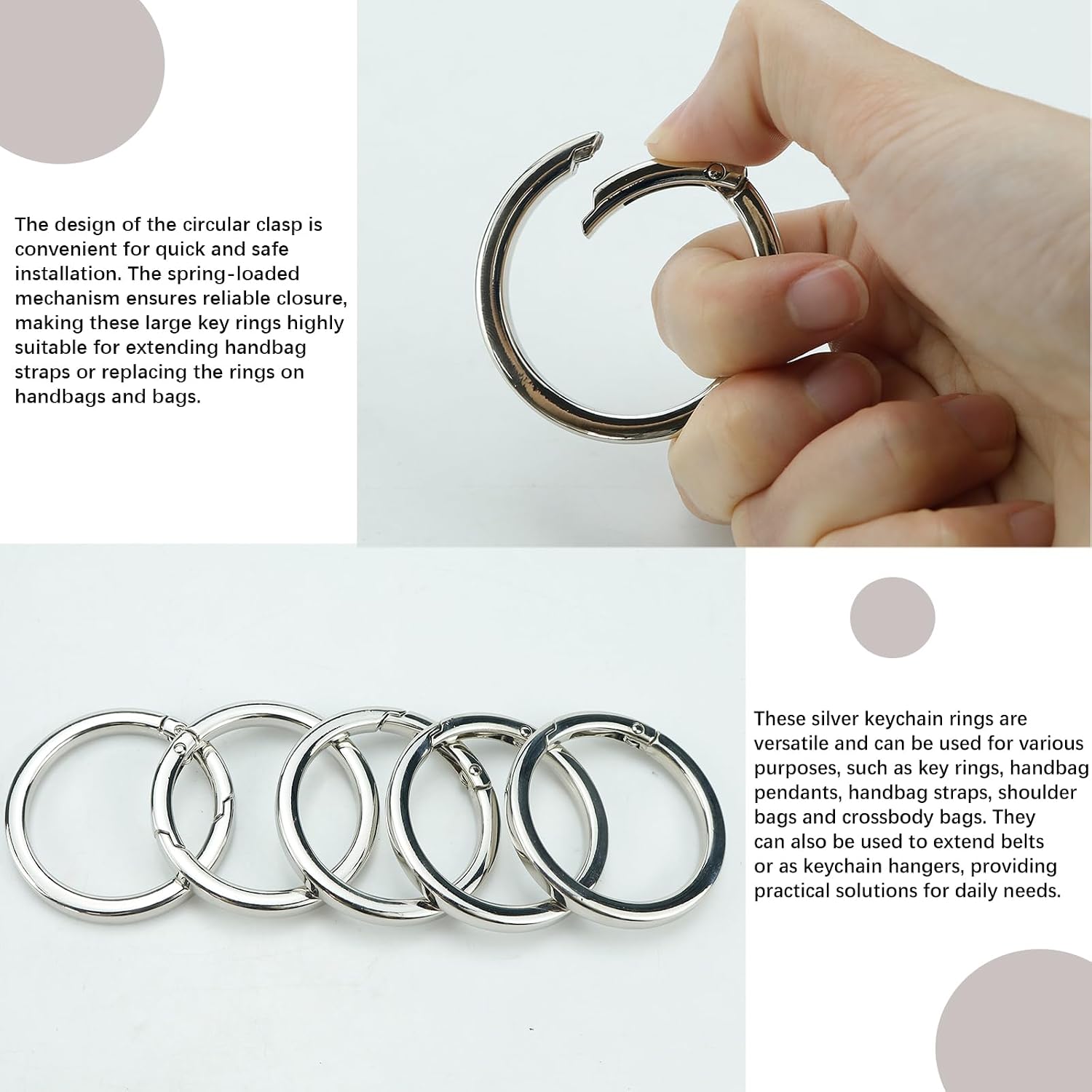 5Pcs Sliver Metal O Ring Keychain Rings Spring Keyrings Buckle Snap Clip Round Carabiner Clip for Purse Strap, Handbag, Key Chain Hooks Accessoriess image 3