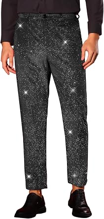 Lars Amadeus Men Glitter Velvet Straight Leg Zipper Button Party Pants