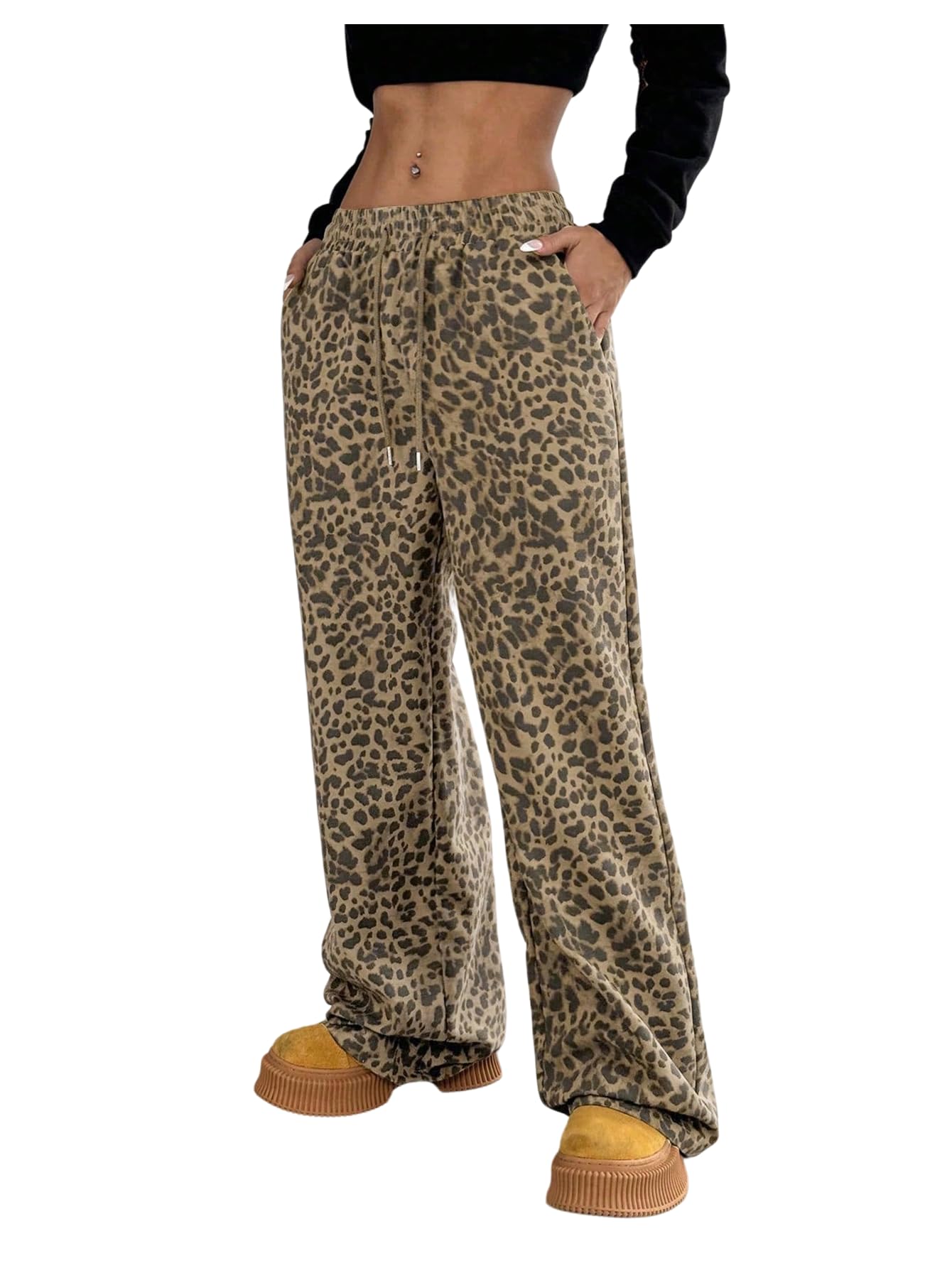 WDIRARA Womens Leopard Sweatpants Drawstring Waist Wide Leg Baggy Pants Streetwear