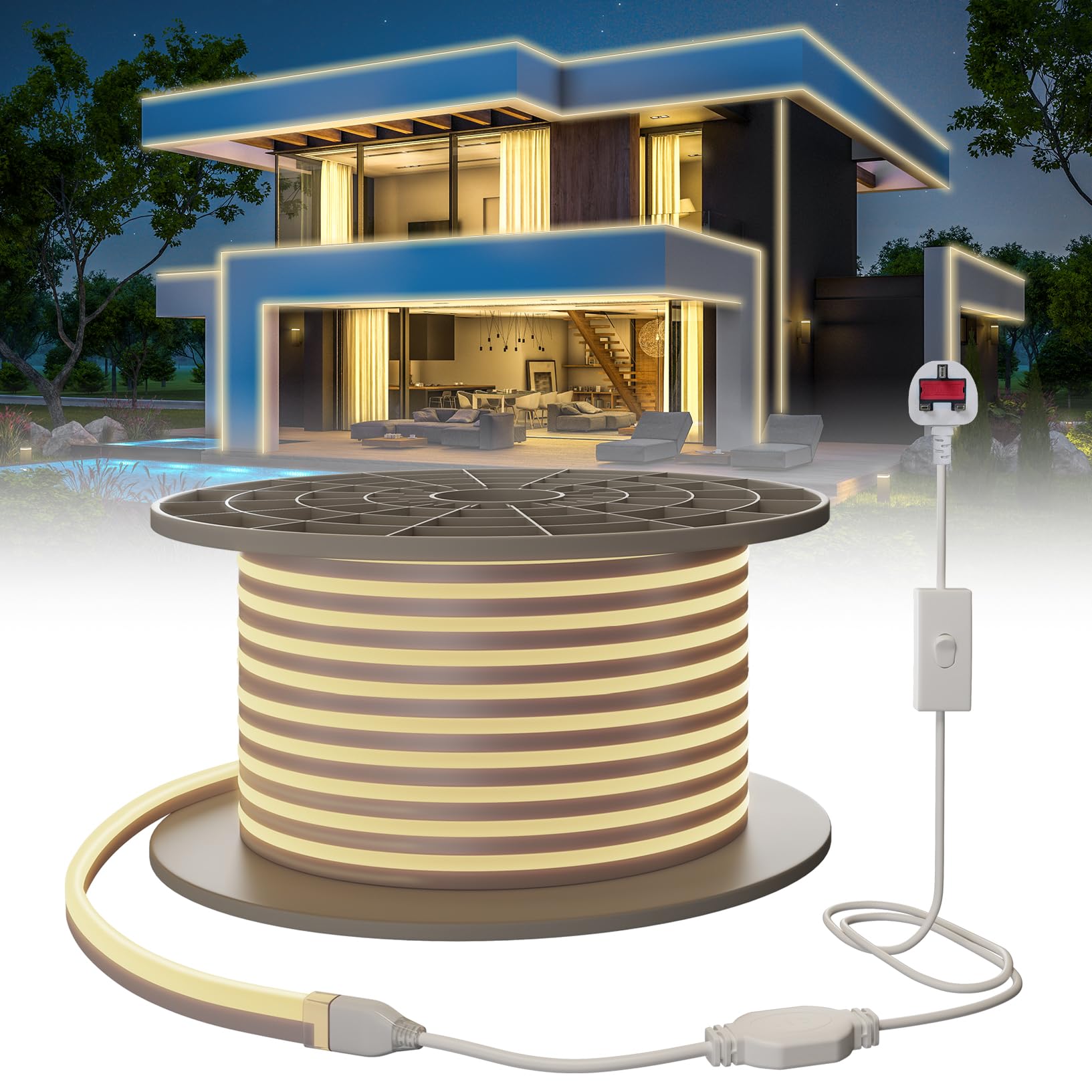 SUCIKORIO Neon Led Strip Light 15m / 49.2ft, Waterproof IP65 LED Strip Lights Natural White 4000K Cuttable Flexible Neon Rope Light 240V DIY LEDs Lights with Power Supply for Bedroom, Indoor & Outdoor