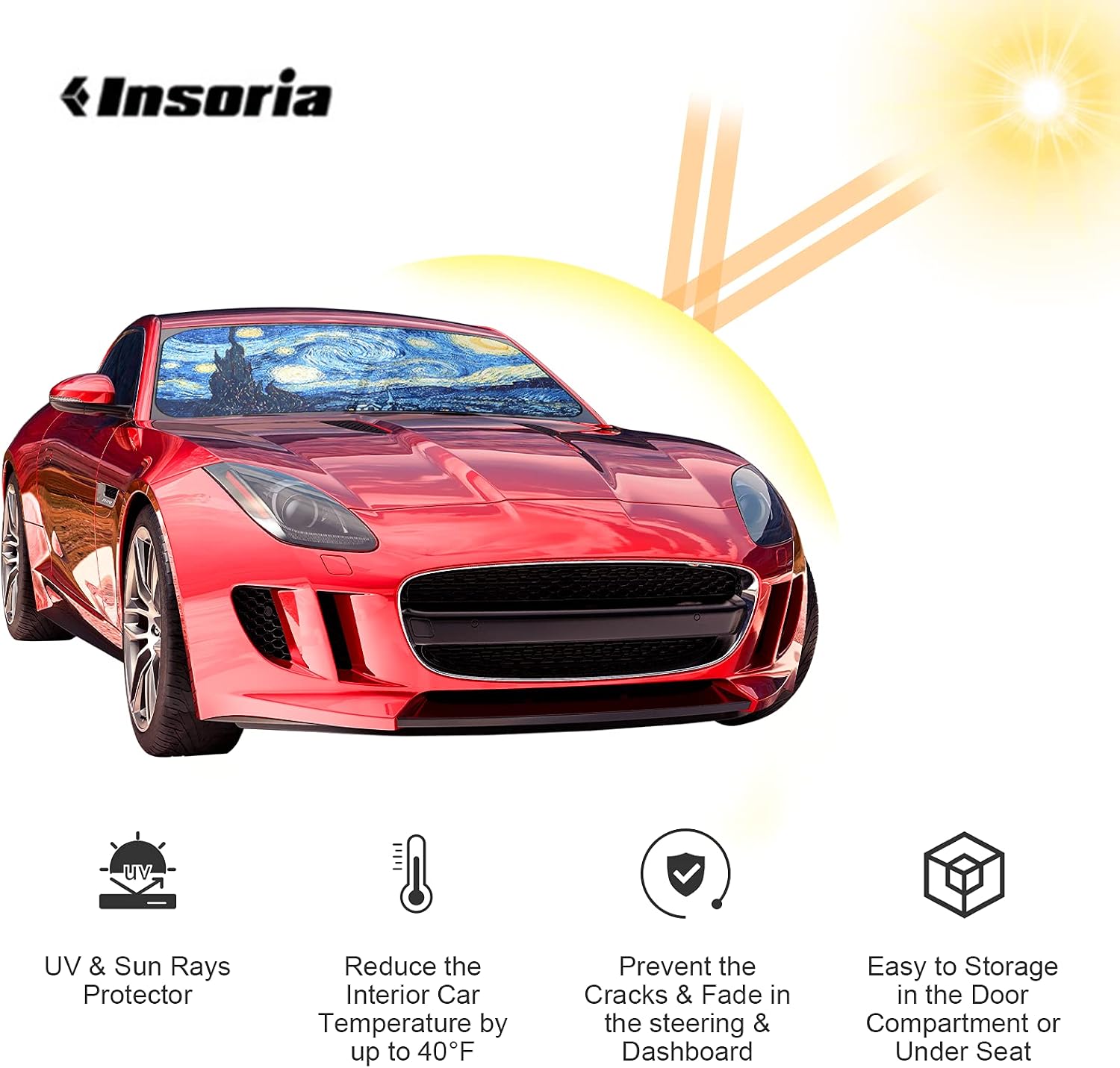 Insoria Windshield Sunshade Block UV Rays Foldable Sun Shield Keeps Your Car Cool Easy to Use Car Accessories Fits Most Car Windshields Starry Sky 63" x 33.5"