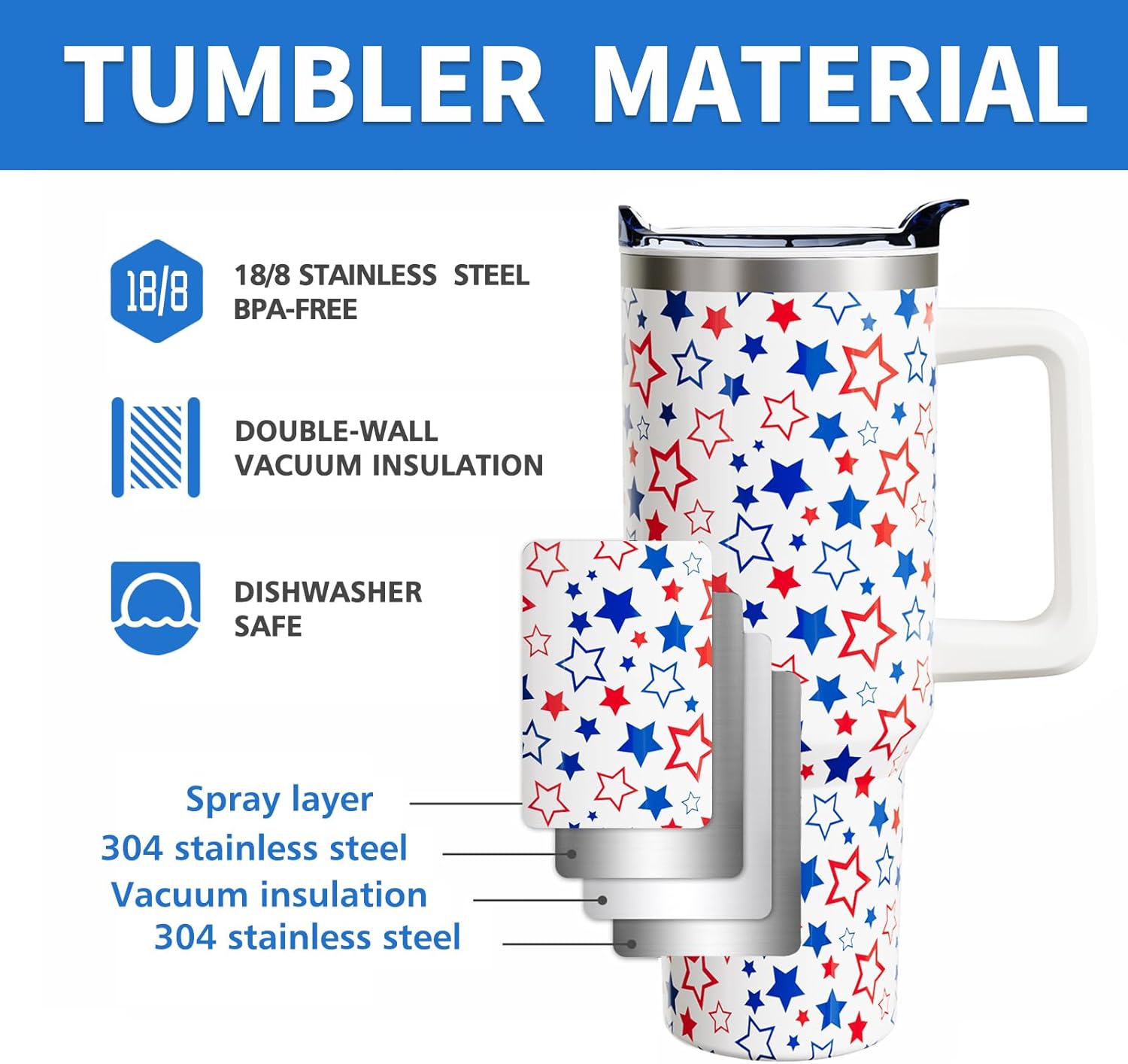 4th of July 40oz Tumbler Cup with Handle and Straw, Red and Blue Stars Gifts for Women Men, Patriotic Stainless Steel Insulated Water Bottle 1PC - Image 4
