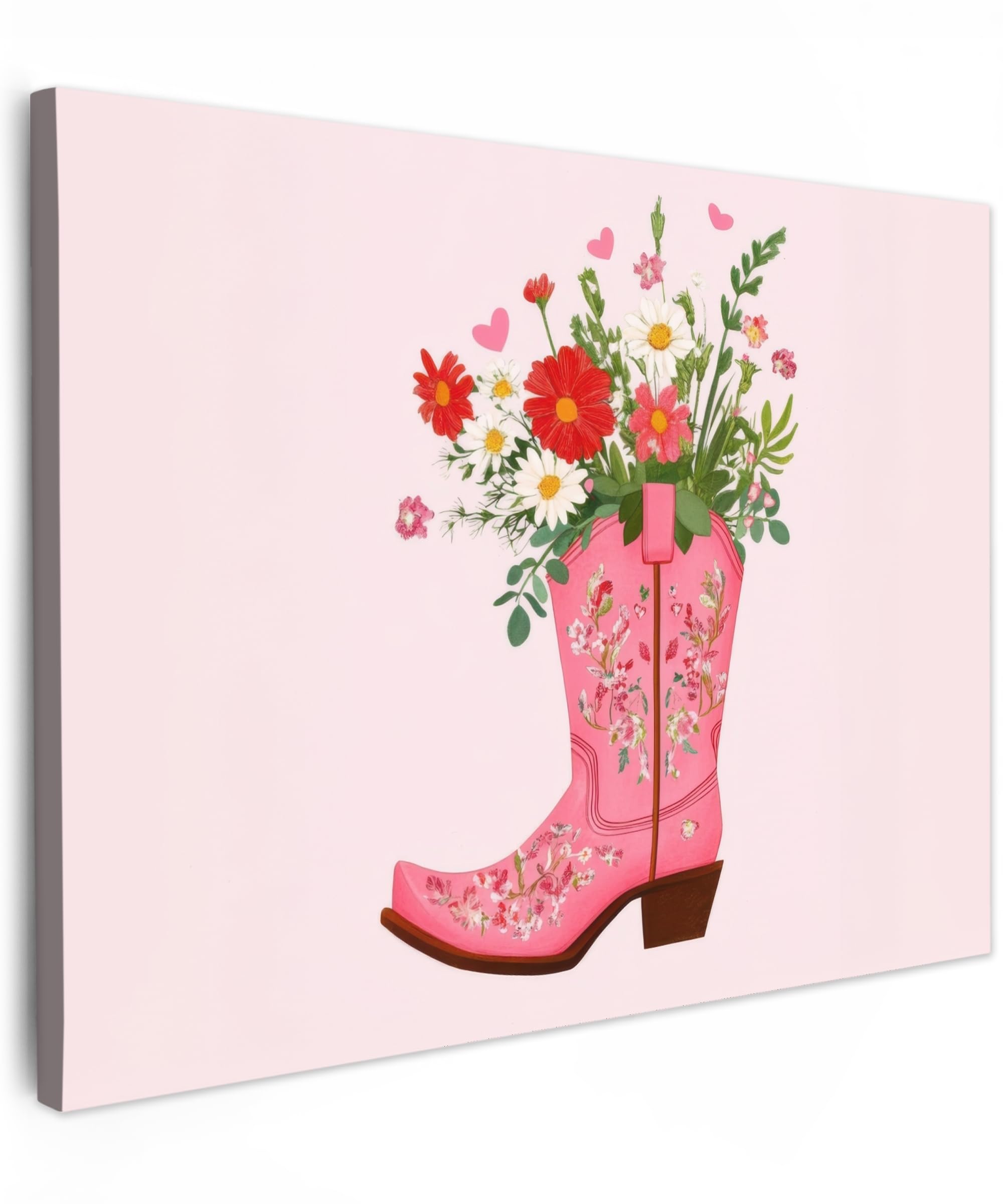 MuchoWow© Canvas Wall Art 31"x24" / 80x60 cm Decor Hanging Pictures for Living Room Canvus Artwork Deco Walls Cowboy boots - Pink - Bouquet - Flowers — image 1