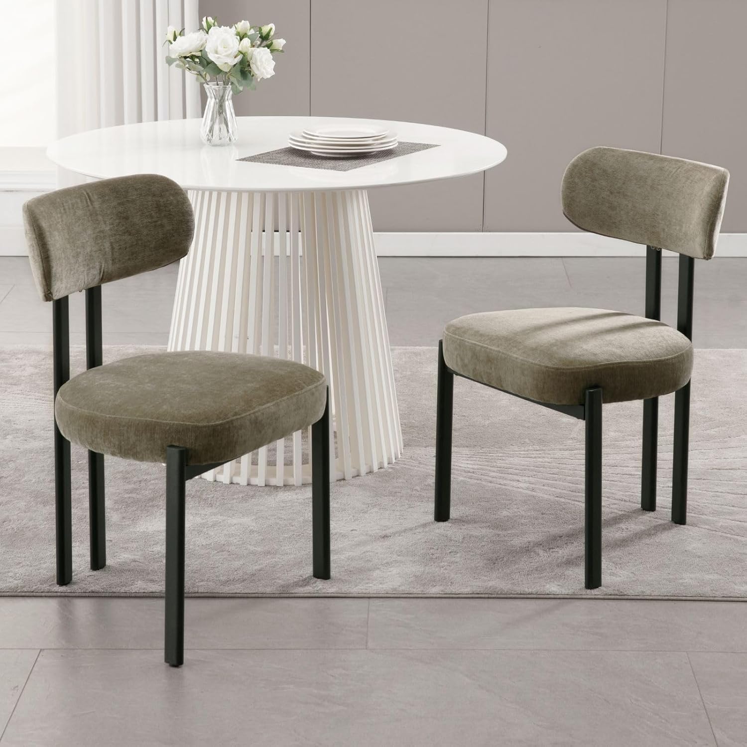 LukeAlon Chenille Dining Chairs Set of 2, Modern Upholstered Armless Kitchen Chairs with Black Metal Legs Curved Back Dining Room Chairs Reception Chair for Living Room Office, Green
