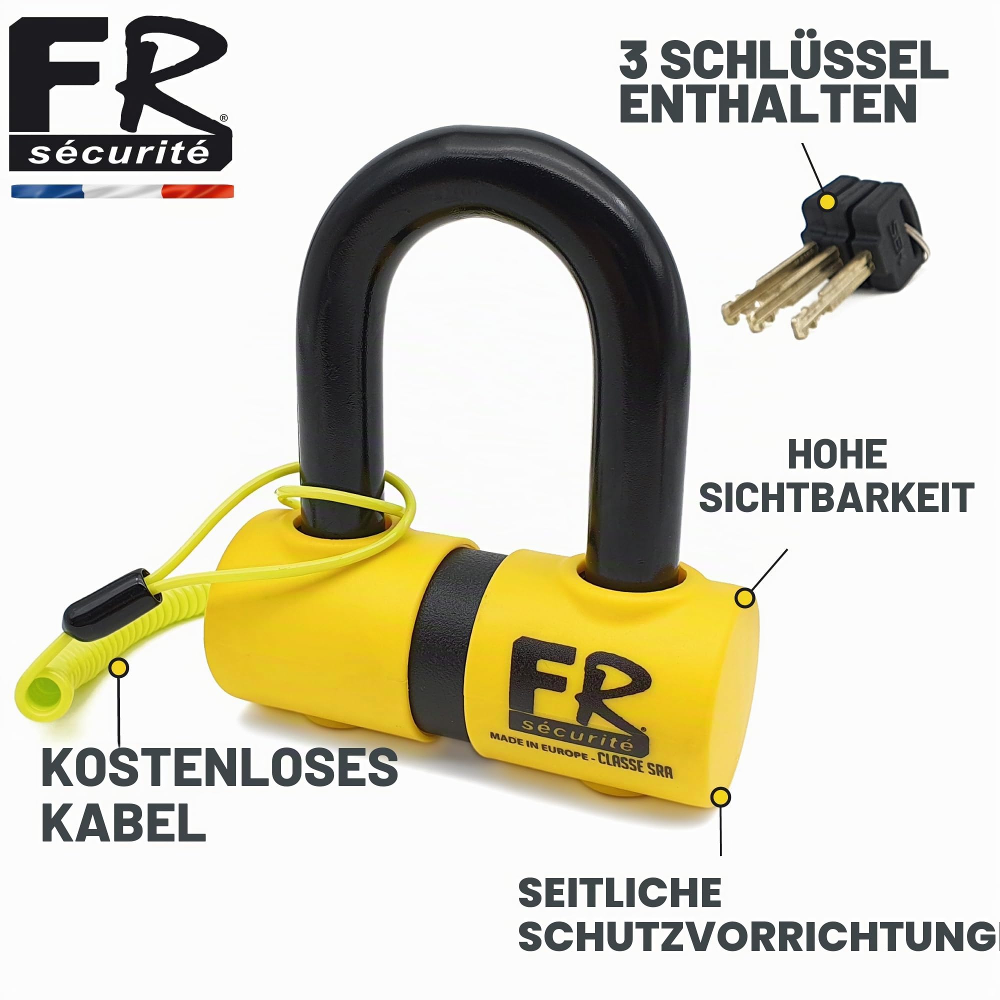 FR SECURITE FR50 Motorradschloss Diebstahlsicherung Mini U Bremsscheibenschloss Homologiert Classe SRA Gehärteter Stahl Ø18 45 x 65 mm + Erinnerungskabel Sicherheit für Motorrad Scooter