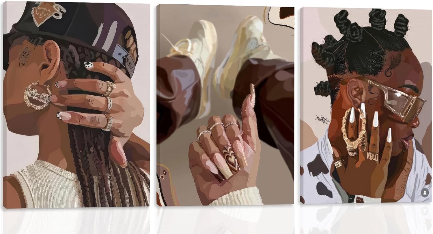 WRFON African American Black Woman Wall Art, Fashionable Black Girl Wall Decor, Hip Hop Poster Prints, Modern Black Women Canvas Painting Prints for Living Room Bedroom Framed 12"x16"x3 Sexy Black Beauty Framed Wrapped Canvas 16"L x 12"W