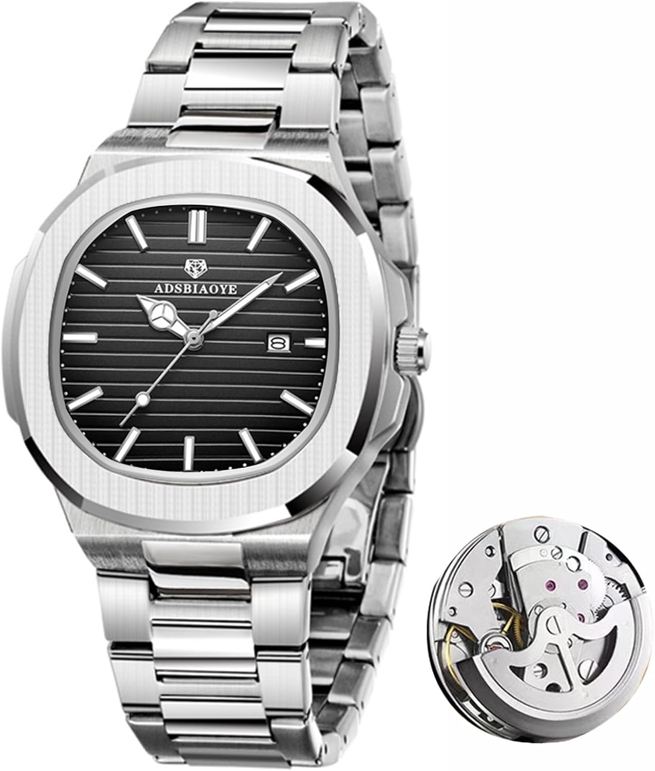 ADSBIAOYE Men's Classic Square Watch Silver Stainless Steel Watch Analog Quartz with Date Luminous Hands Waterproof Business Casual Watches for Men