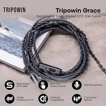 Linsoul Tripowin Grace Silver-Plated OFC in Ear Earphone Cable w/Mic | 1.25m Length, 3.5mm Audio Plug for Audiophile Replacement Cable, 2Pin