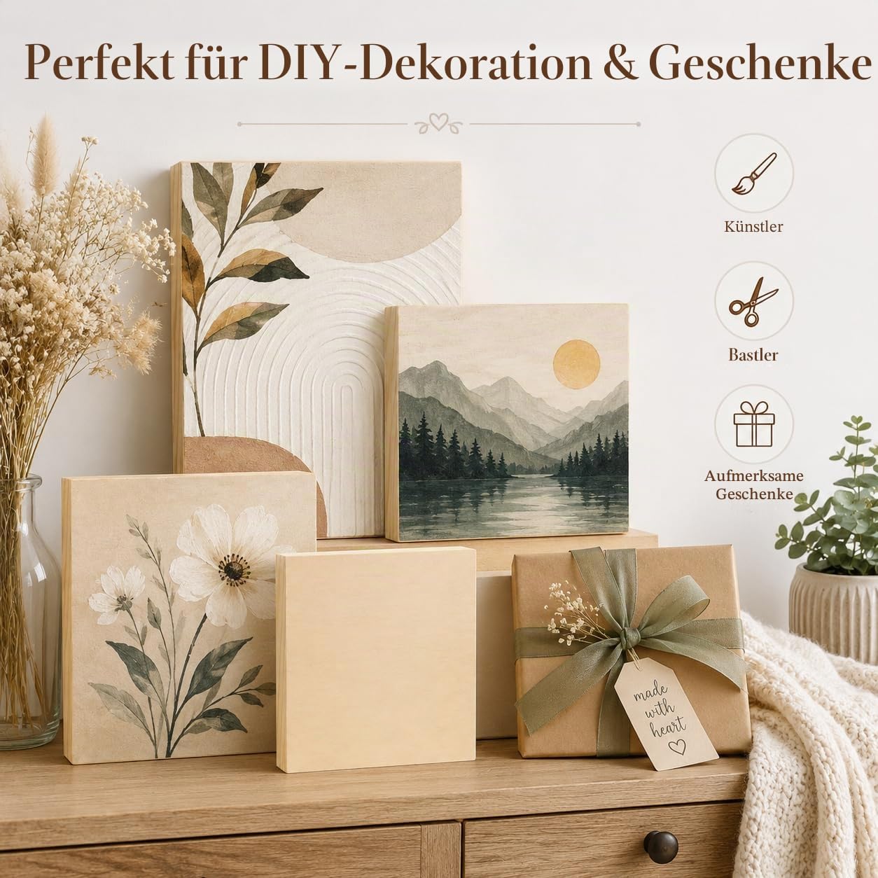 EXERZ Holzmalerei Panels 3er Pack (15,24 x 15,24 cm, 25,4 x 25,4 cm, 30,48 x 30,48cm) - Quadratische Gemischte Panels für Acryl-, Öl- & Mixed-Media-Malerei – Für Künstler, Kinder & DIY