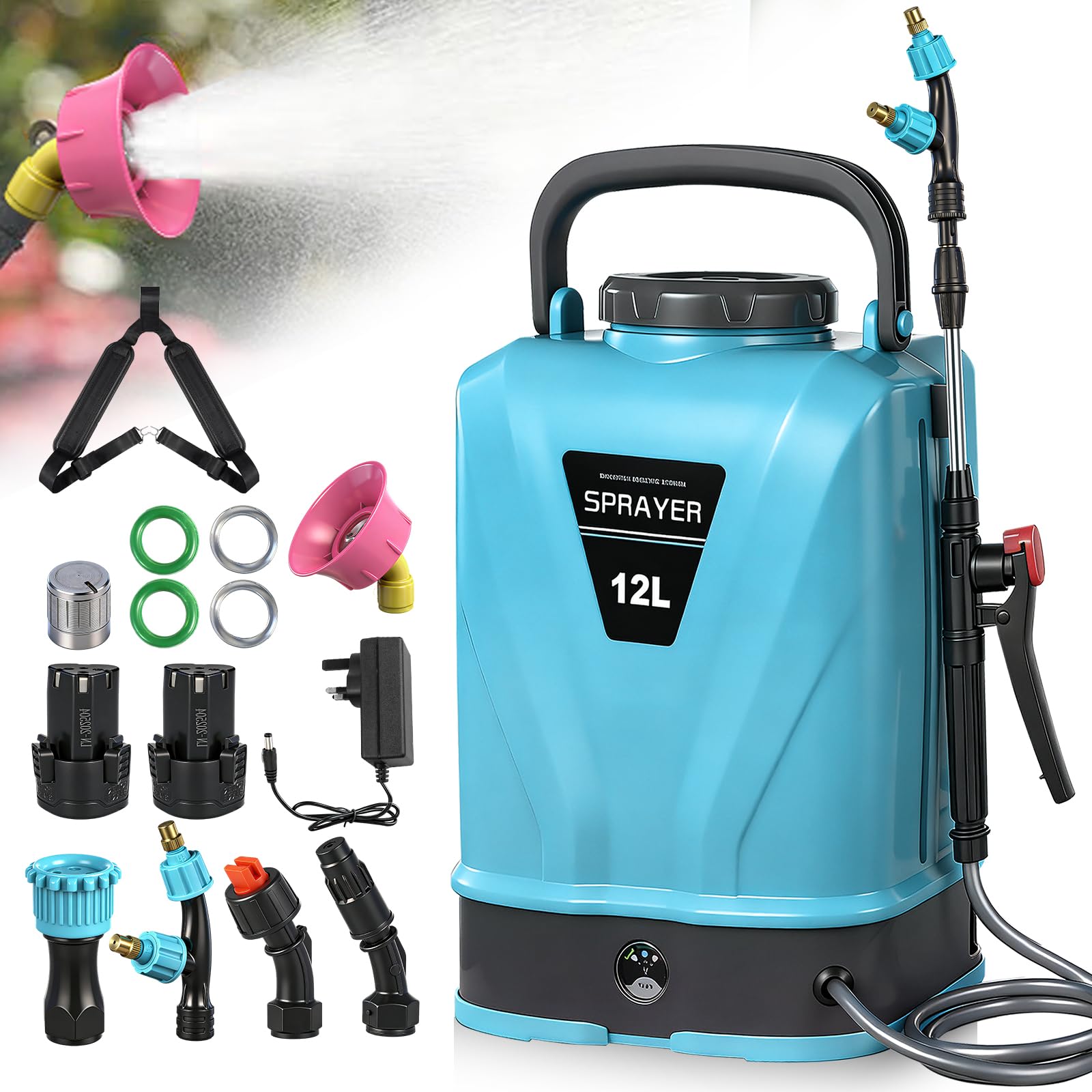 12L Electric Backpack Sprayer 12V 2.0Ah Battery Powered Pressure Sprayer 45 PSI, Adjustable Stainless Steel Telescoping Wand,5 Nozzles,Padded Adjustable Shoulder Straps, for Garden Lawn Weeds Cleaning