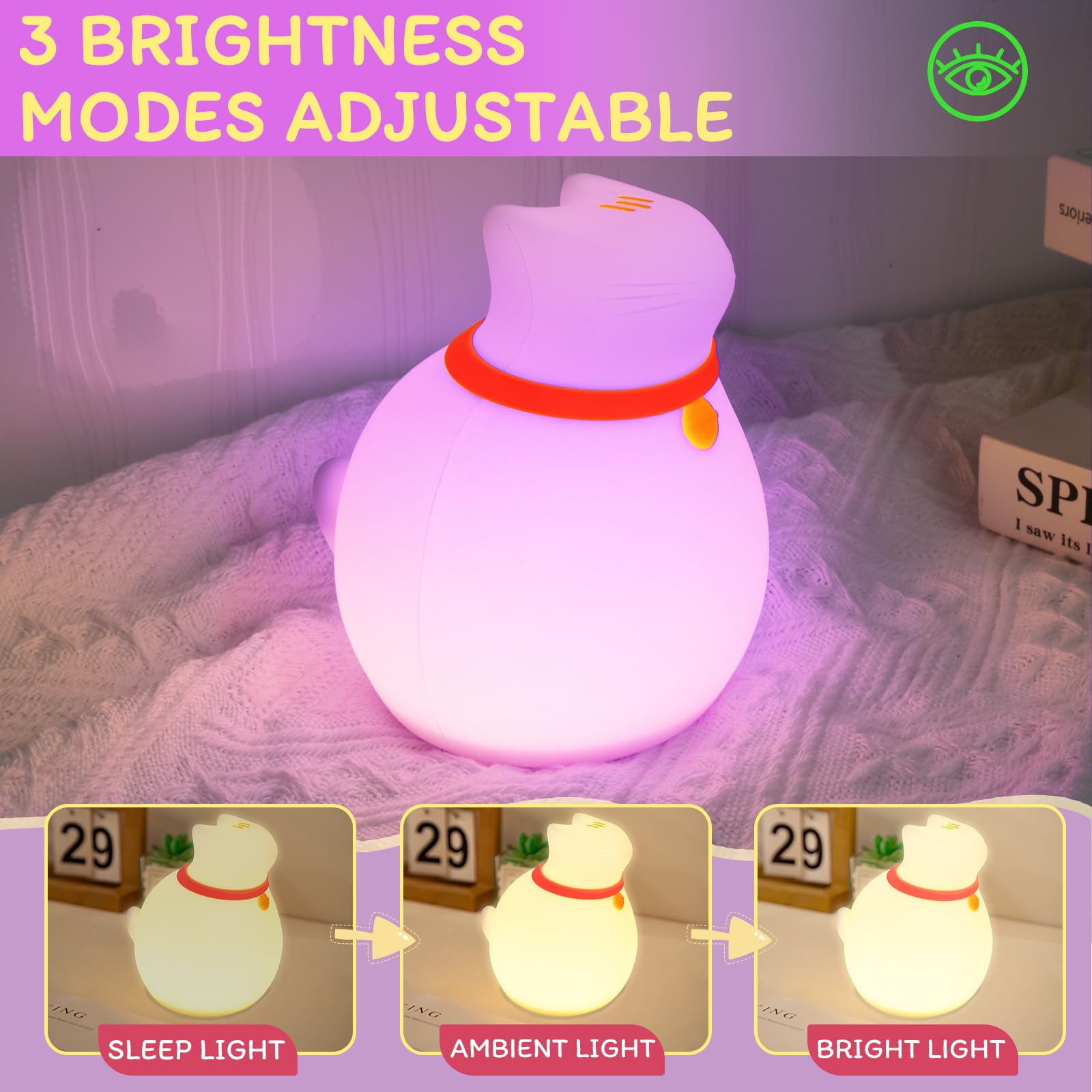 7-farbwechselndes Katzen-Nachtlicht, Silikon, wiederaufladbar, mit Timer und 3 Modi, Kinderzimmerlampe, Touch-Sensor (niedliches Tierdesign)