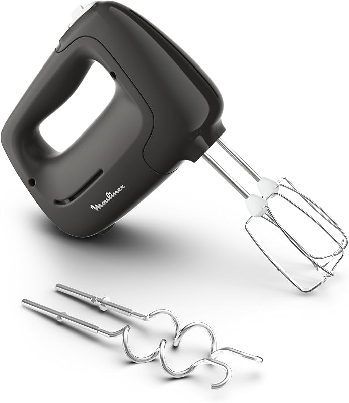 Moulinex PREP MIX Electric Mixer, 450 W, 5 Speed, Turbo Setting, 2 Whisks, 2 Kneading Hooks, Stainless Steel, Ergonomic, Dishwasher Safe Accessories, HM450HF0