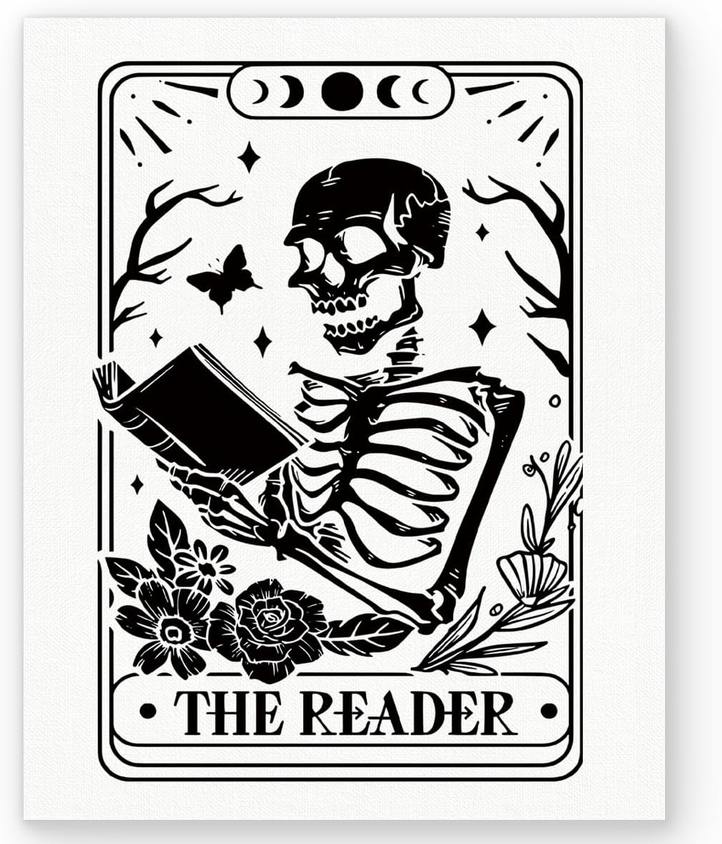 BESERH The Reader Tarot Wall Art Decor,Reader Wall Tarot Decor For Bedroom,Gothic Canvas Wall Decor,Skeleton Wall Art Gift For Woman,Gothic Gifts For Book Lovers,8 * 10Inch Canvas Prints