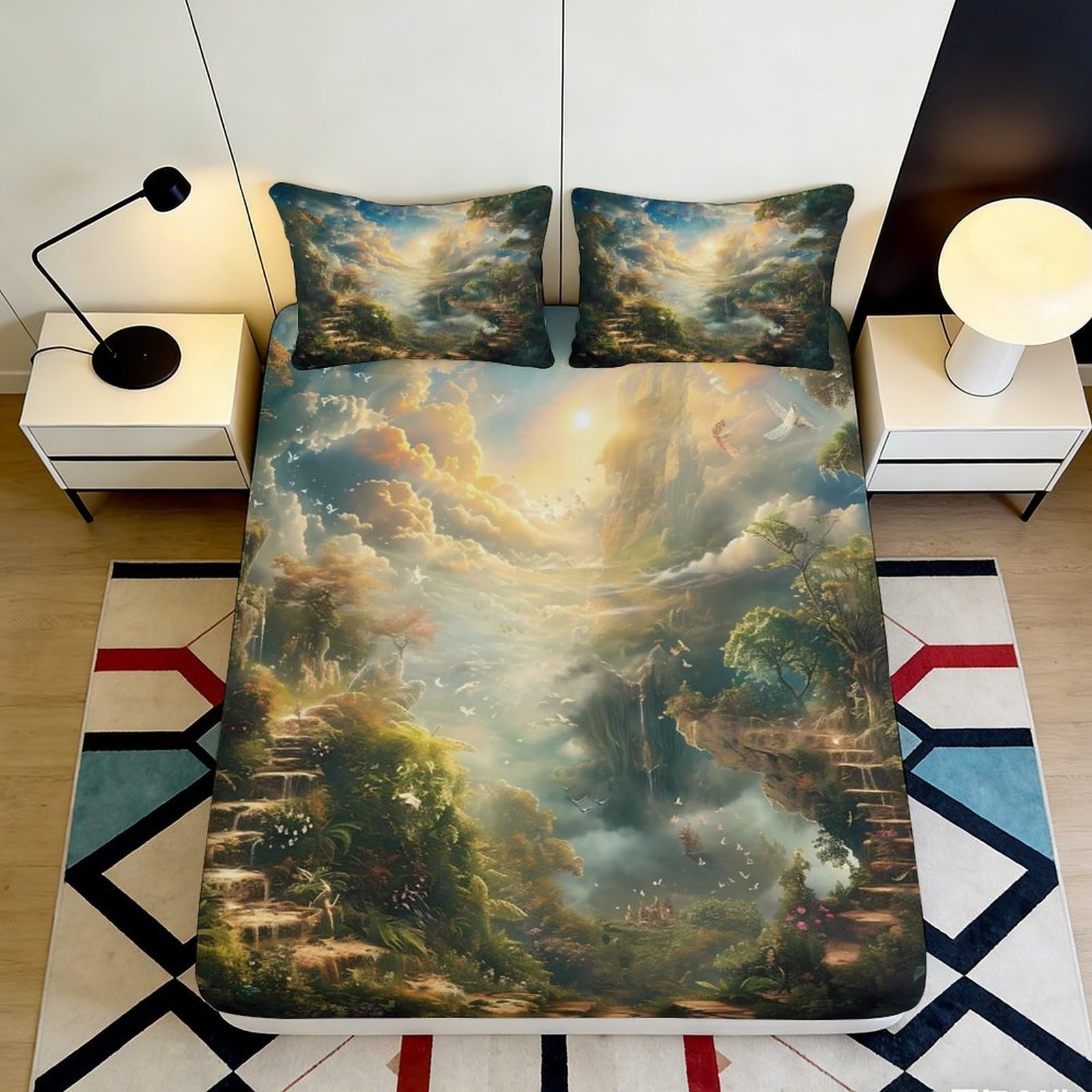 3D Printed Forest Landscape Fitted Sheet Microfiber Deep Pocket Non-Slip Bedroom Bedding Forest Scene Mattress Fitted Cover 140x200x25cm